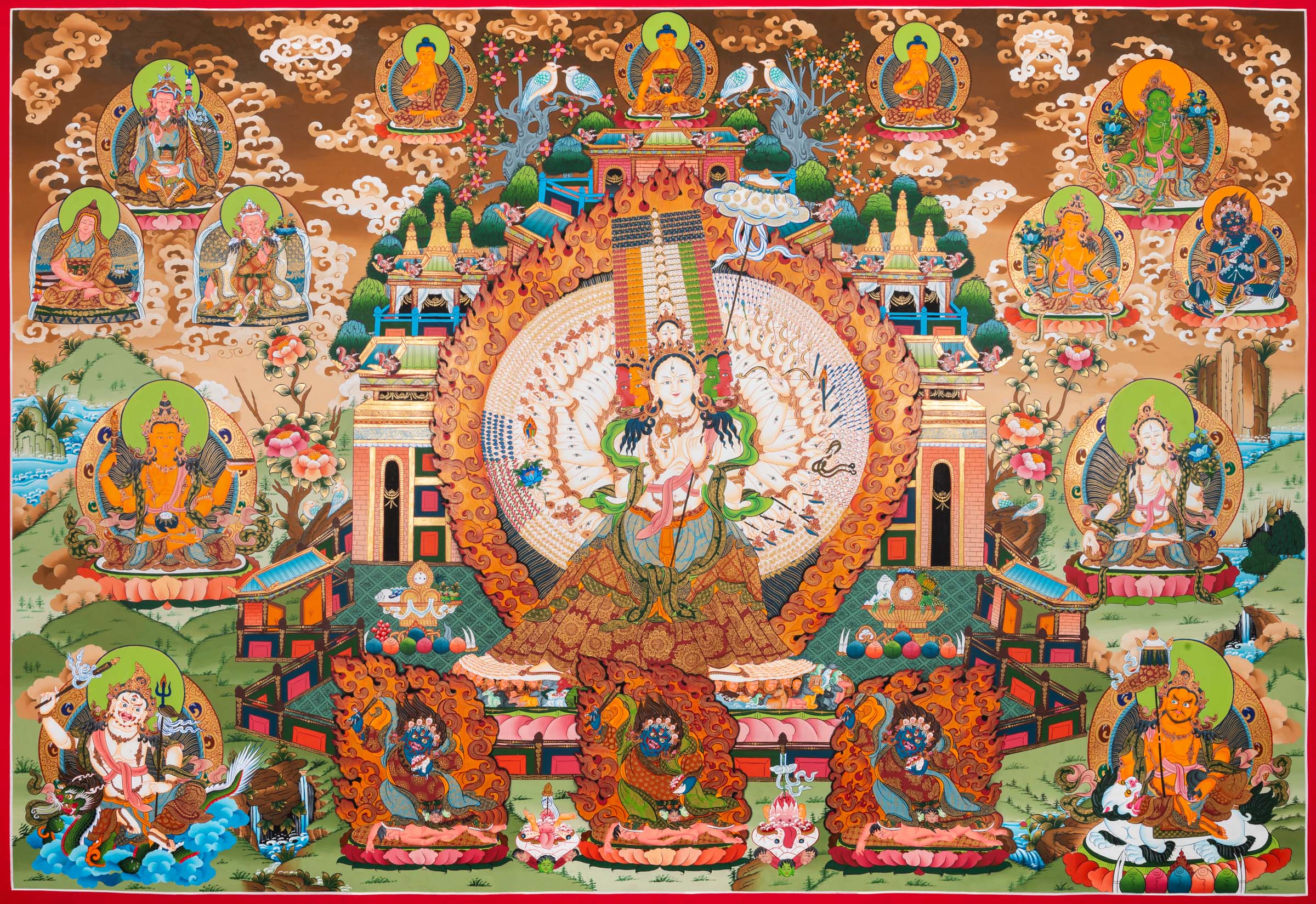 Exclusive Sitatapatra / Dhukkar Jhyas Thangka with standing Dukkar surrounded by deities, protectors, and disciples in layered Tibetan Buddhist composition.