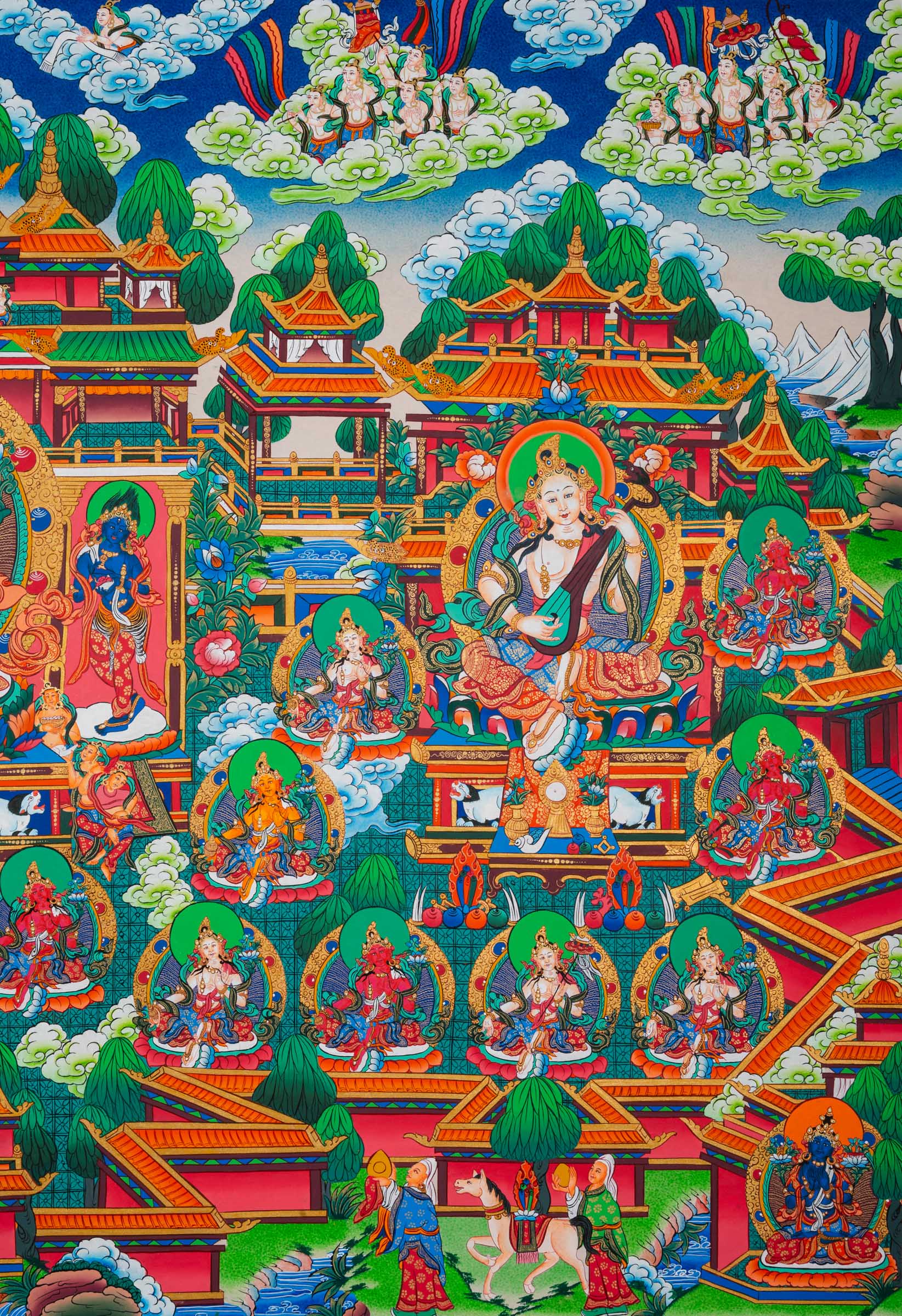 Exclusive Green Tara Thangka with Saraswati and Dukkar on either side, surrounded by mini deities in traditional Tibetan Buddhist art style