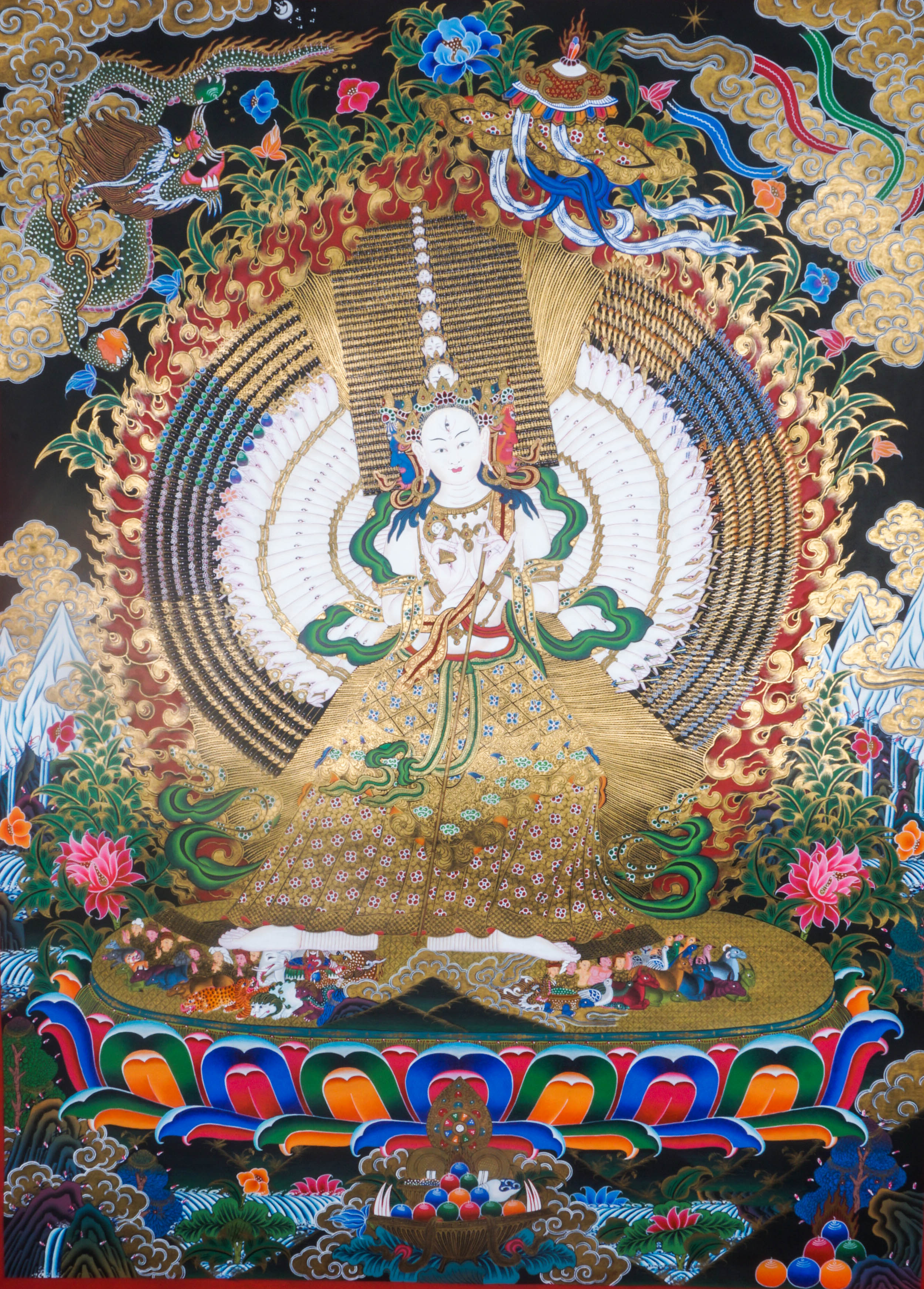 This genuine Dhukkar (Sitatapatra) Thangka, hand-painted with natural mineral pigments, embodies divine protection and spiritual awakening. A powerful addition to any sacred space, it invites Dhukkar’s blessings of wisdom, shielding, and inner peace.