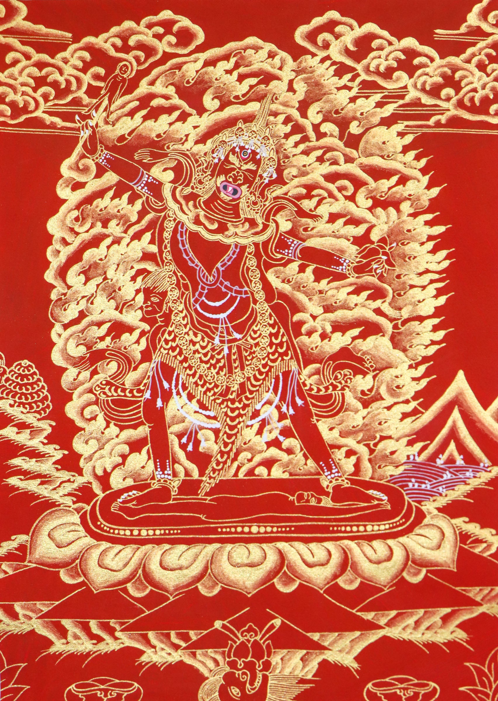 This genuine Tibetan Thangka of Ekajati is a powerful Buddhist artwork symbolizing protection and the removal of spiritual obstacles. Hand-painted with natural mineral pigments, it reflects the fierce wisdom of Ekajati in traditional Tibetan Buddhism.
