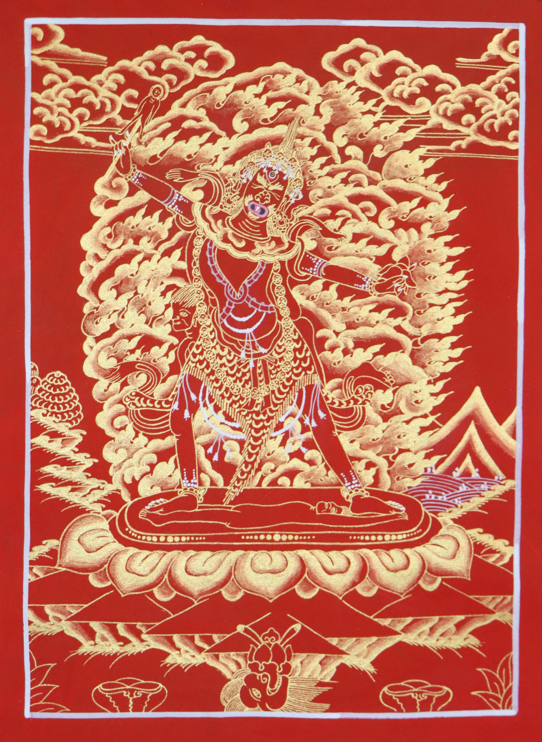 This genuine Tibetan Thangka of Ekajati is a powerful Buddhist artwork symbolizing protection and the removal of spiritual obstacles. Hand-painted with natural mineral pigments, it reflects the fierce wisdom of Ekajati in traditional Tibetan Buddhism.