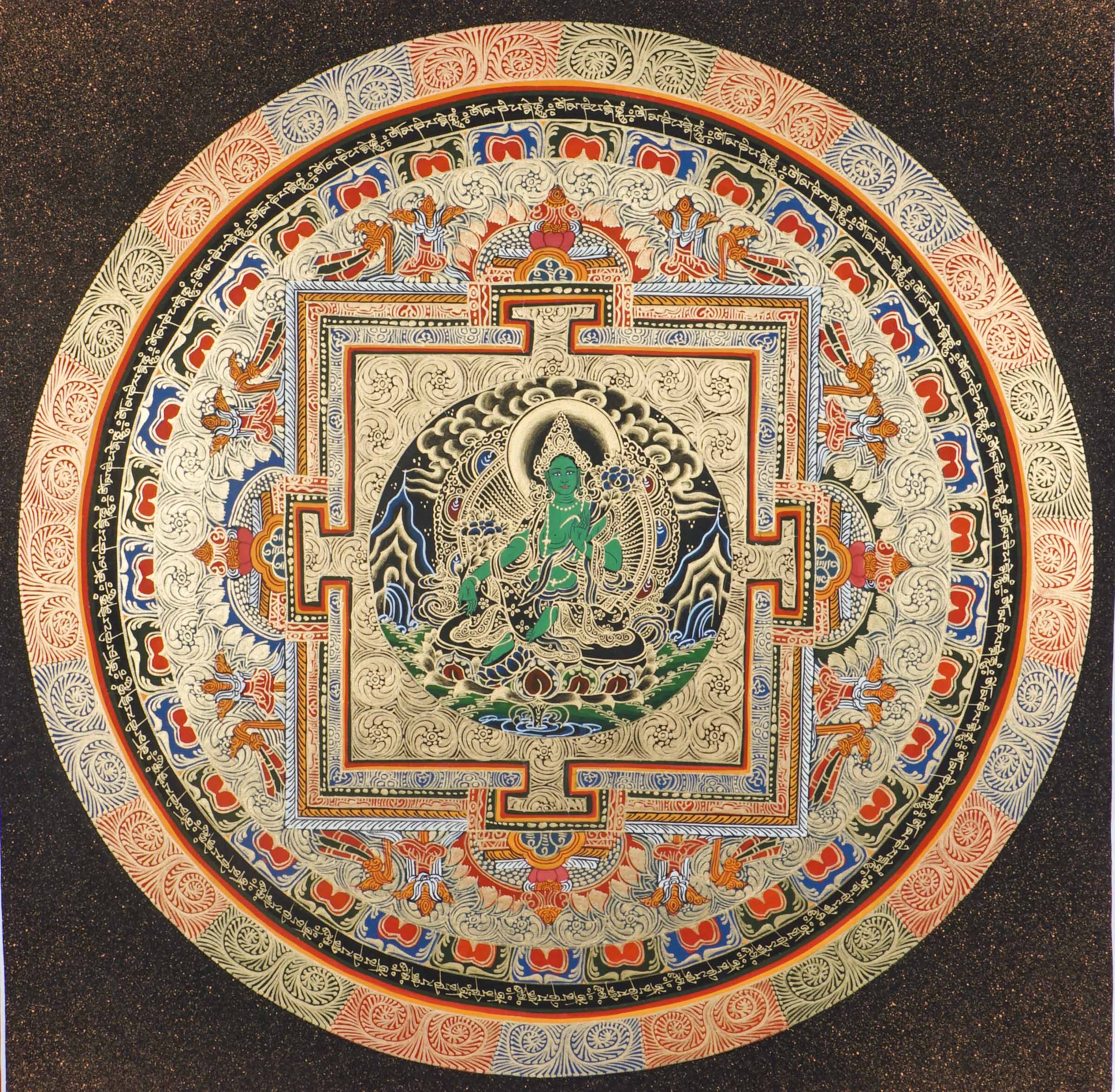 A circular mandala showcasing Green Tara at the center, hand painted in Nepal by skilled artisans.