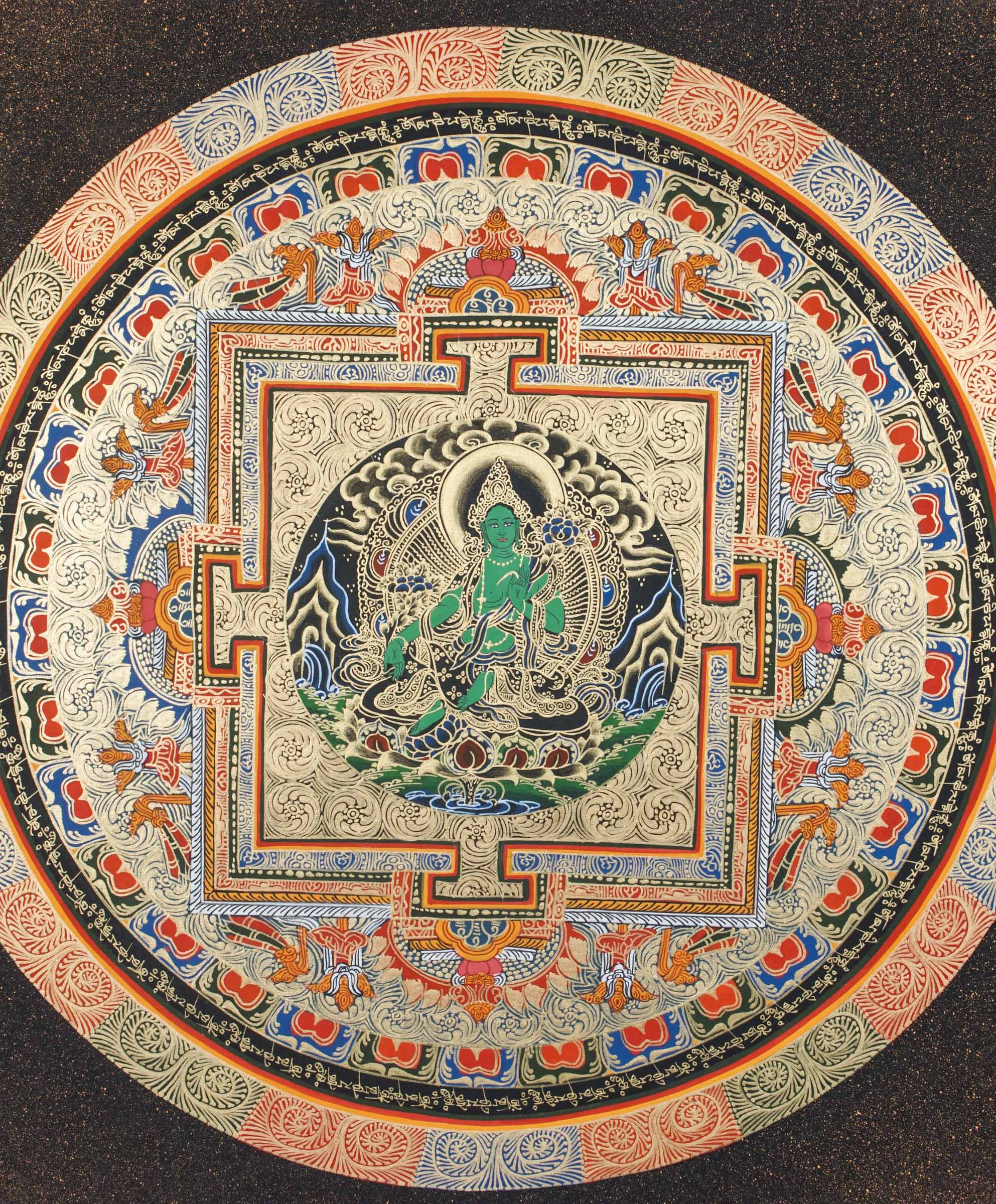A circular mandala showcasing Green Tara at the center, hand painted in Nepal by skilled artisans.