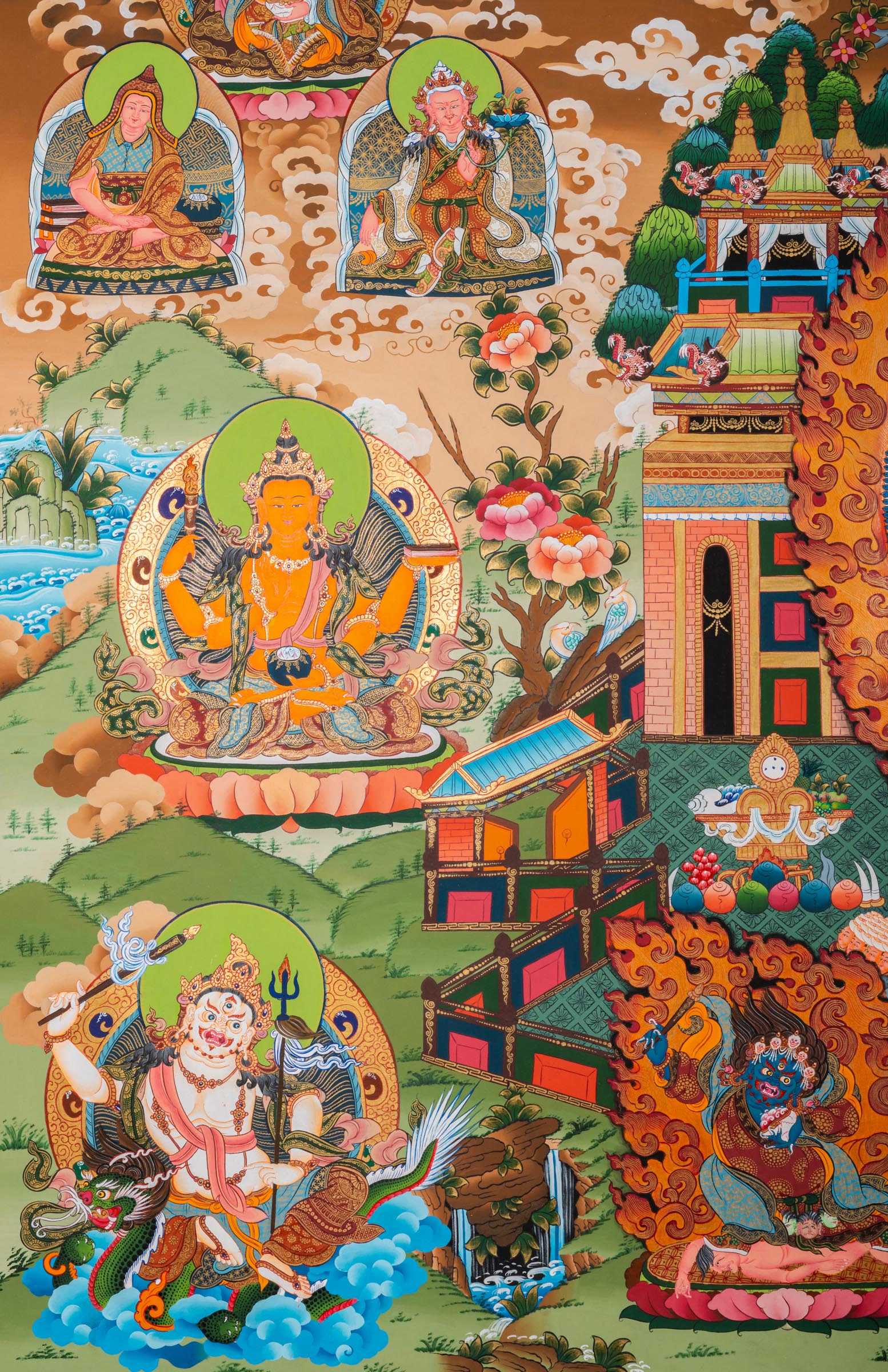Exclusive Tesro Dukkar Jhyas Thangka with standing Dukkar surrounded by deities, protectors, and disciples in layered Tibetan Buddhist composition. 