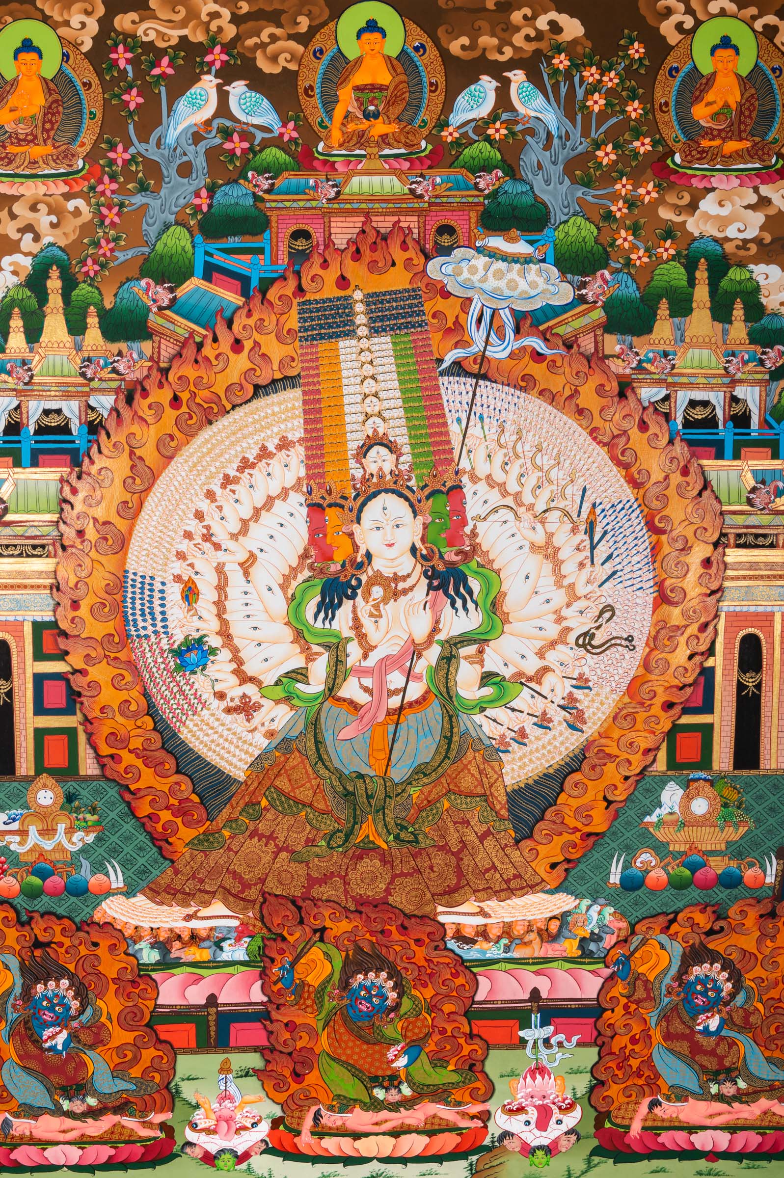 Exclusive Tesro Dukkar Thangka with standing Dukkar surrounded by deities, protectors, and disciples in layered Tibetan Buddhist composition. 