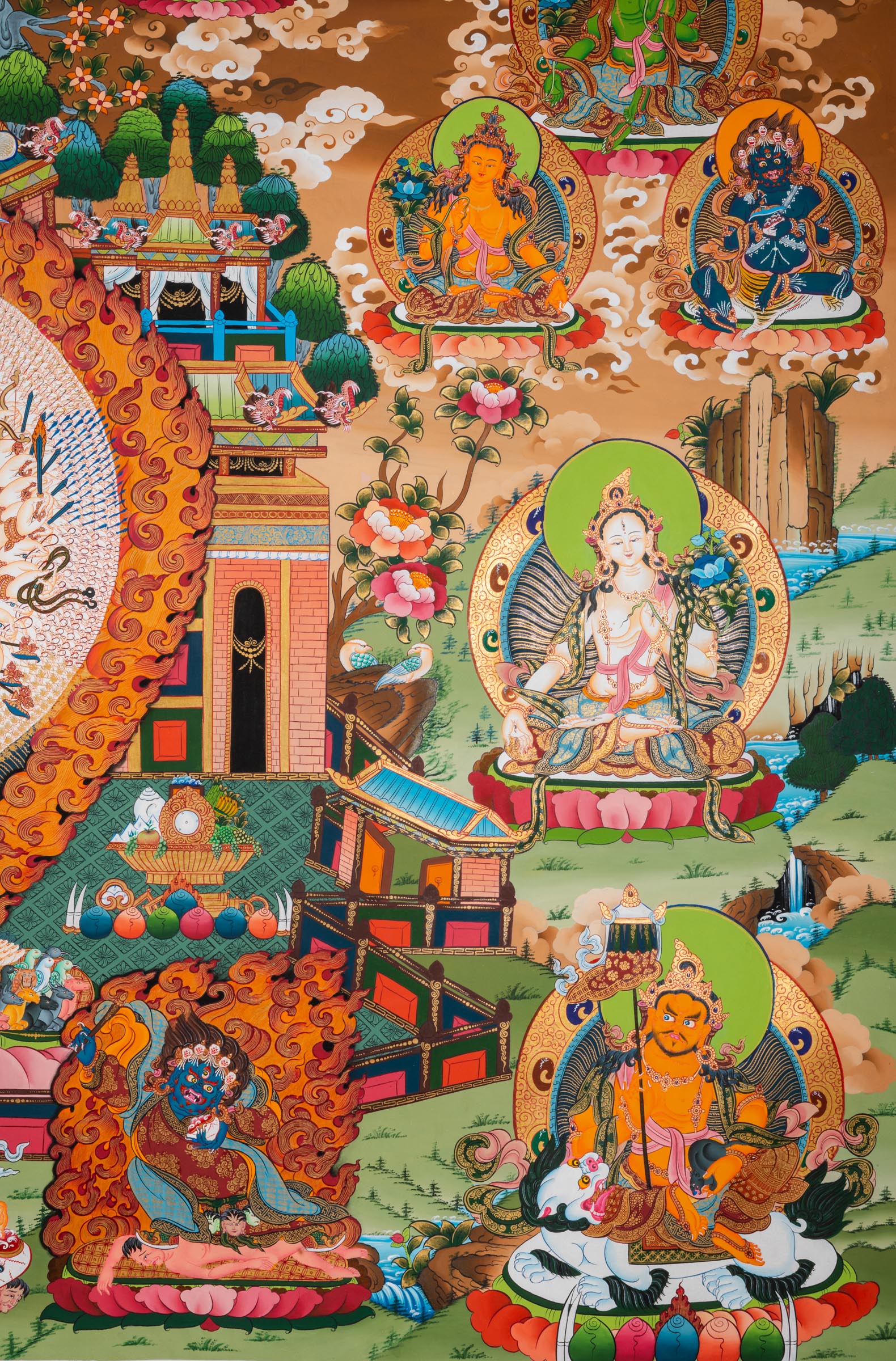 Exclusive Dukkar / Sitatapatra Thangka with standing Dukkar surrounded by deities, protectors, and disciples in layered Tibetan Buddhist composition. 