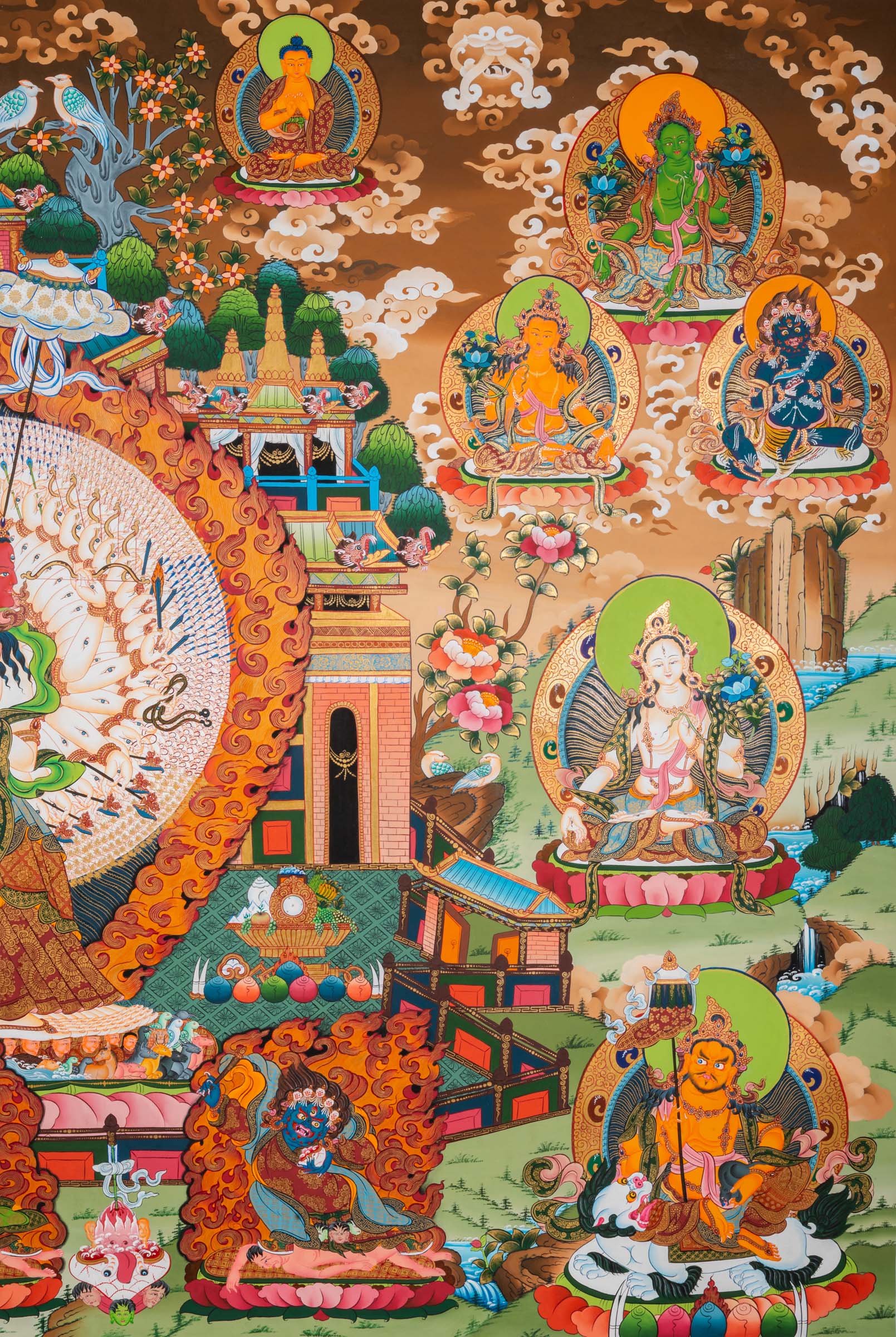 Exclusive Dukkar / Sitatapatra Thangka with standing Dukkar surrounded by deities, protectors, and disciples in layered Tibetan Buddhist composition. 