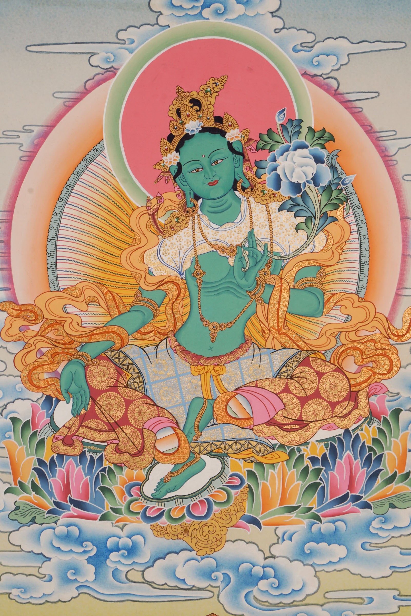 "Mother of all buddha" Green Tara Thangka art, meticulously hand-painted with 24k gold and natural pigments using traditional techniques.