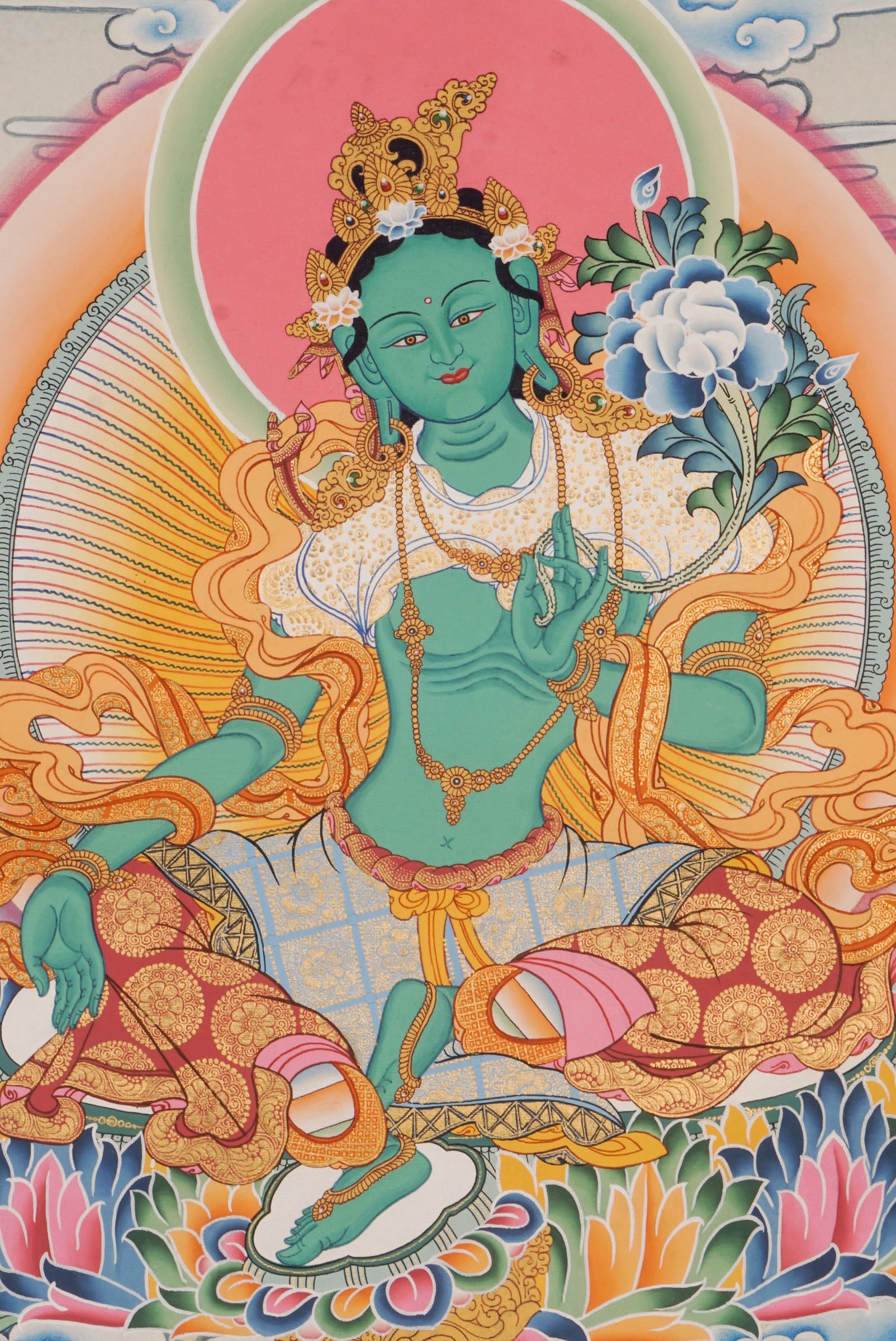 "Mother of all buddha" Green Tara Thangka art, meticulously hand-painted with 24k gold and natural pigments using traditional techniques.