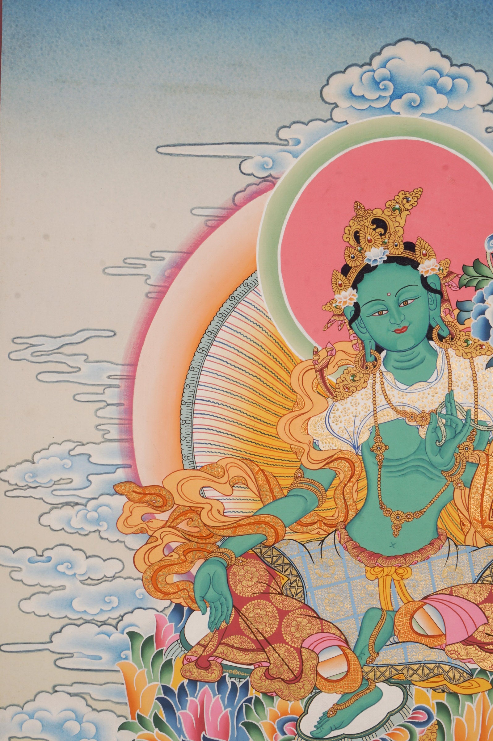 "Mother of all buddha" Green Tara Thangka art, meticulously hand-painted with 24k gold and natural pigments using traditional techniques.