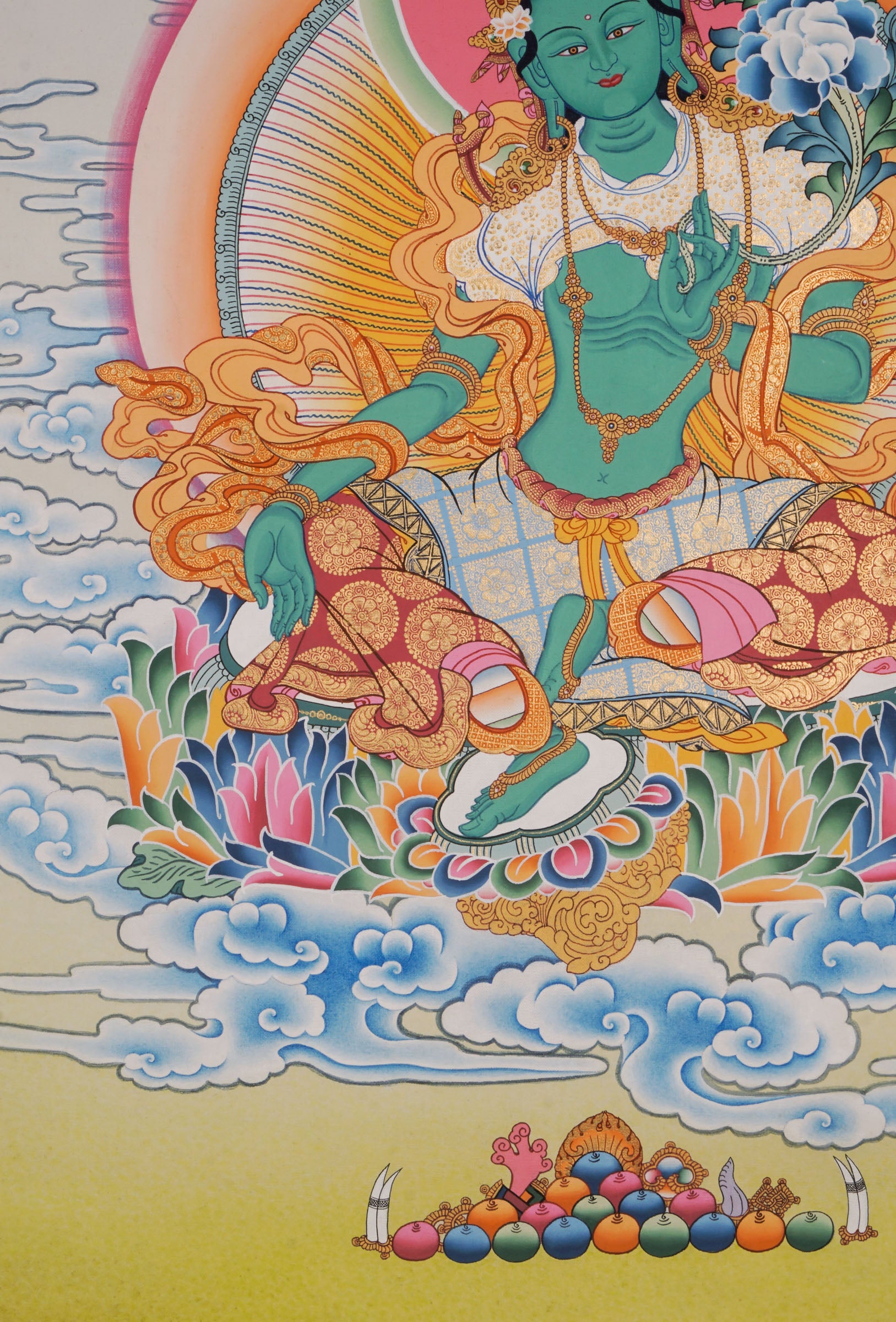 "Mother of all buddha" Green Tara Thangka art, meticulously hand-painted with 24k gold and natural pigments using traditional techniques.