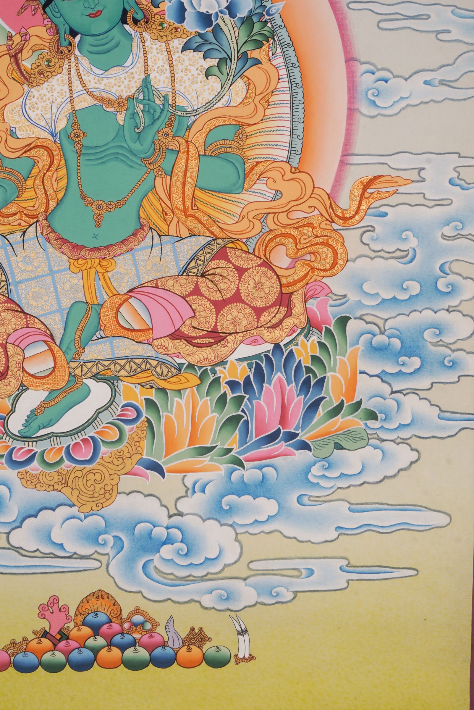 "Mother of all buddha" Green Tara Thangka art, meticulously hand-painted with 24k gold and natural pigments using traditional techniques.