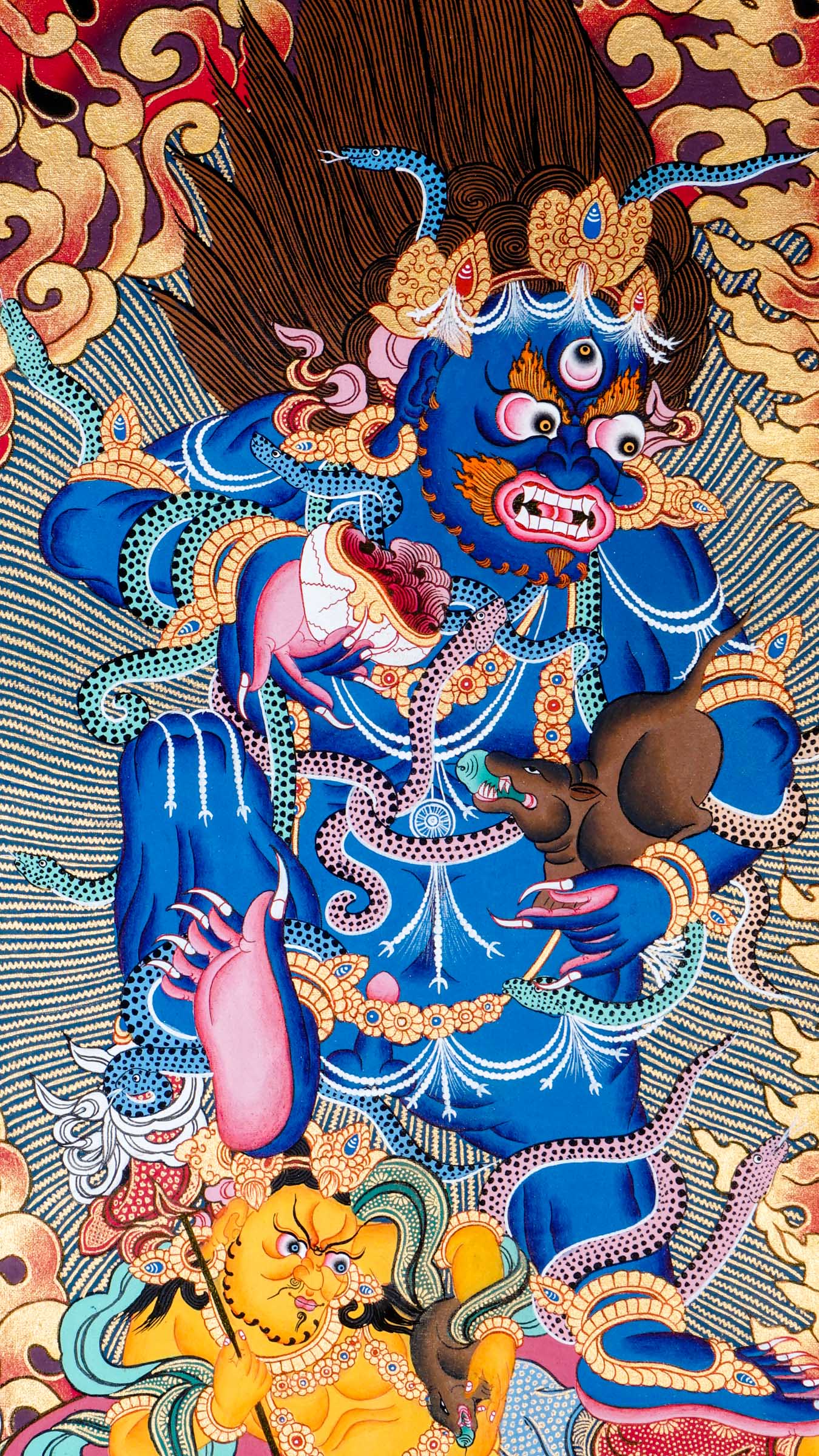 Hand-painted thangka art of fierce deity Black Zambala shown seated in another figure of zambala.