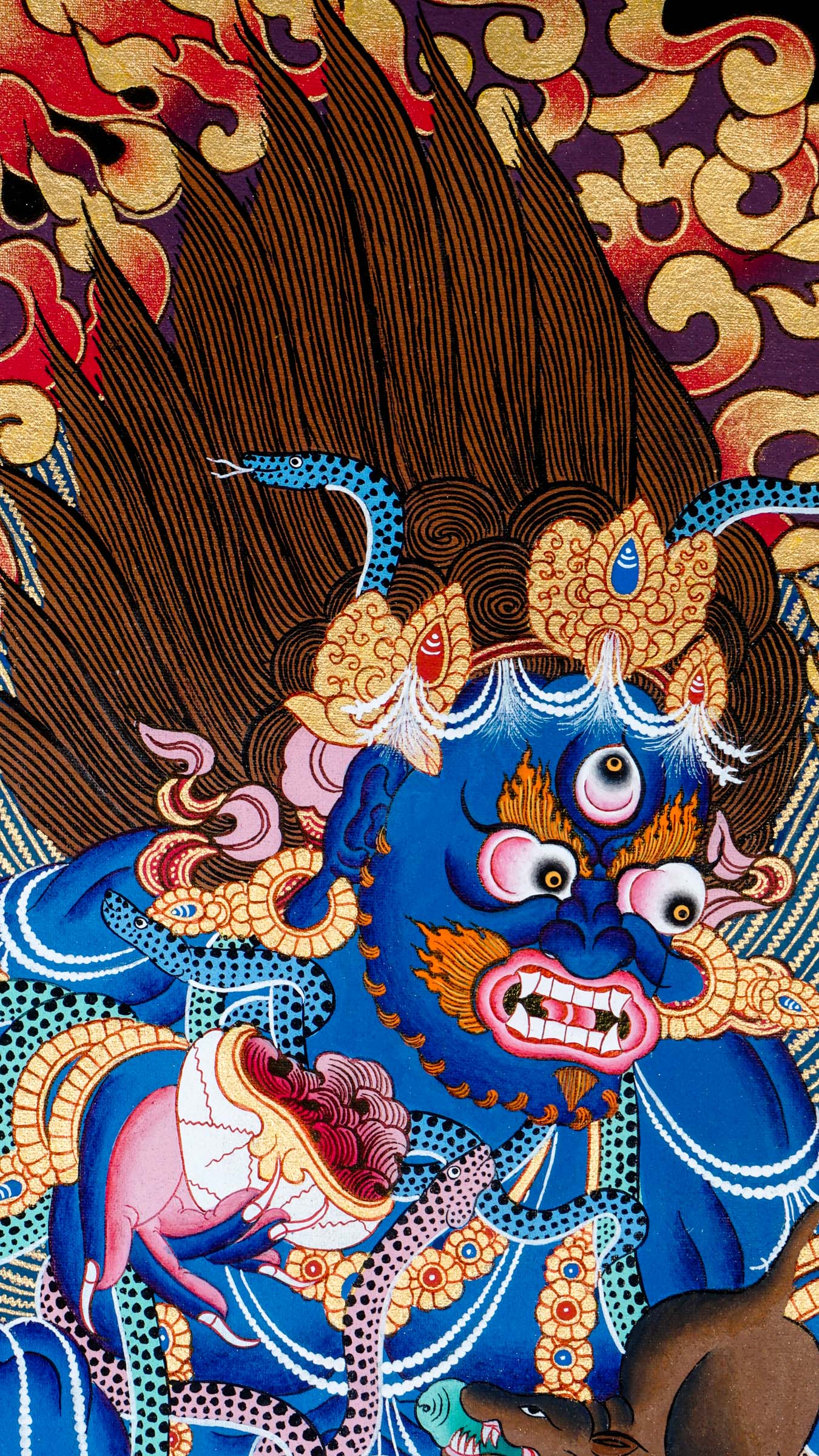 Hand-painted thangka art of fierce deity Black Zambala shown seated in another figure of zambala.