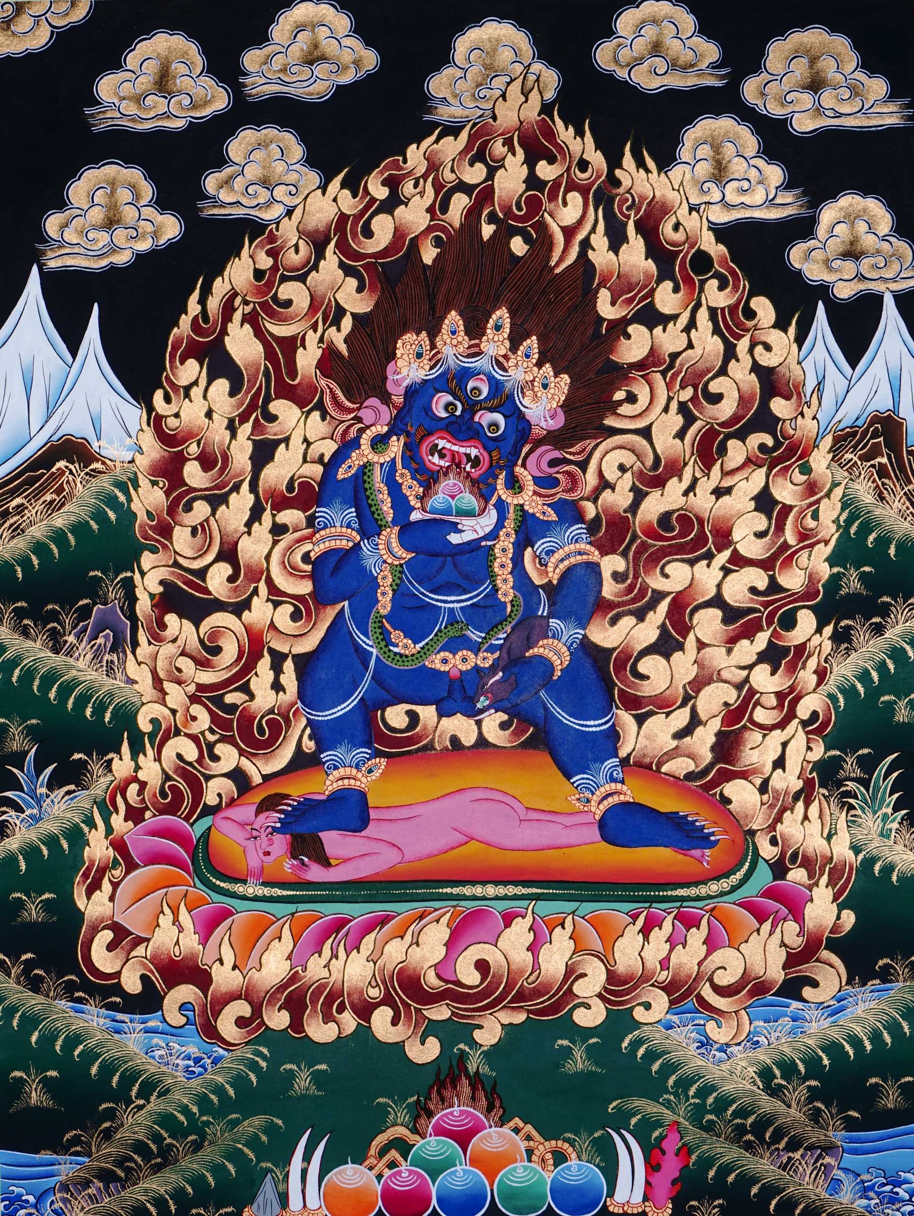 Hand-painted Black Zambala Thangka from Nepal with 24k gold, showing the wrathful wealth deity standing on a lotus with a jewel-spouting mongoose.