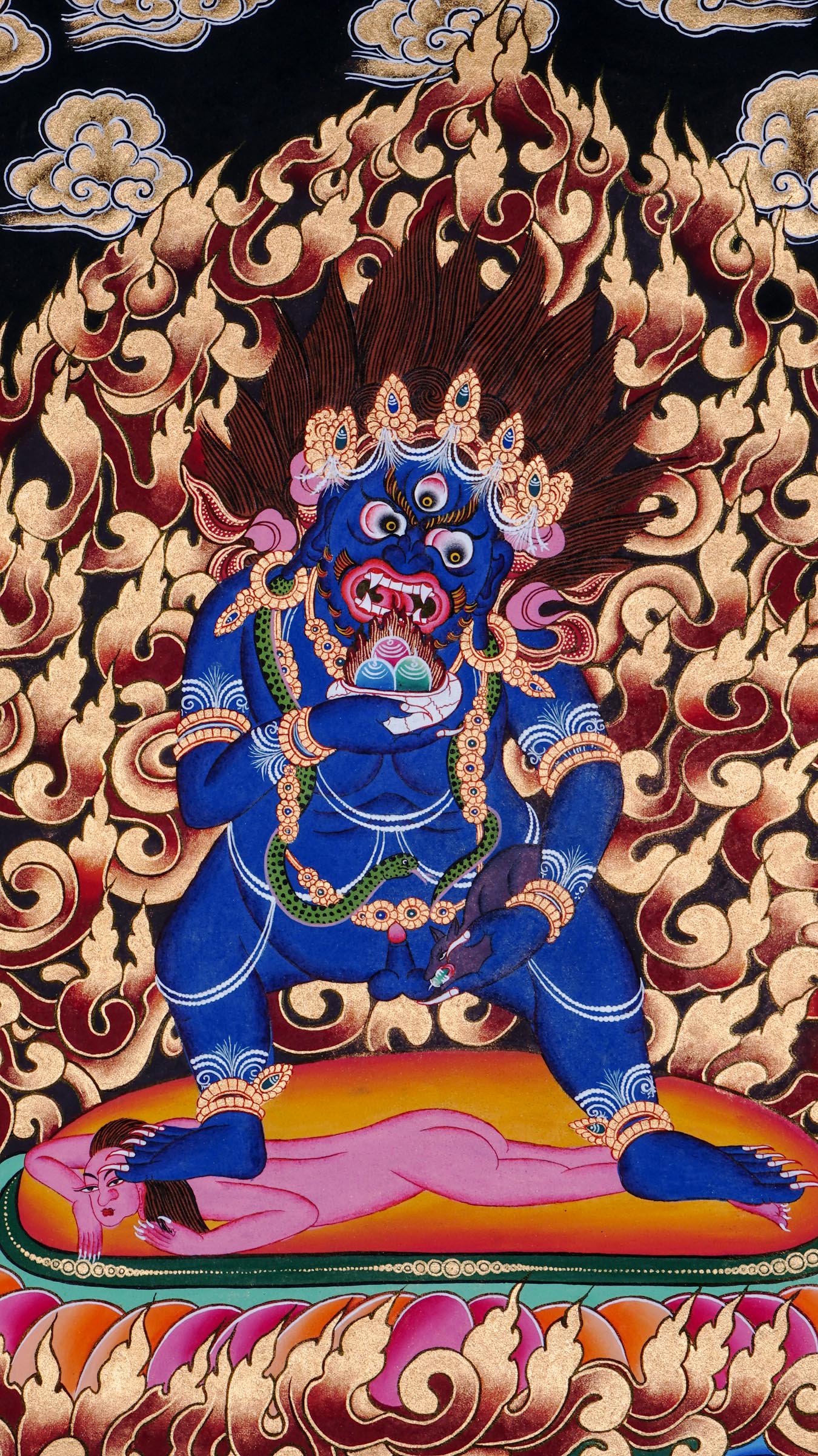 Hand-painted Black Zambala Thangka from Nepal with 24k gold, showing the wrathful wealth deity standing on a lotus with a jewel-spouting mongoose.