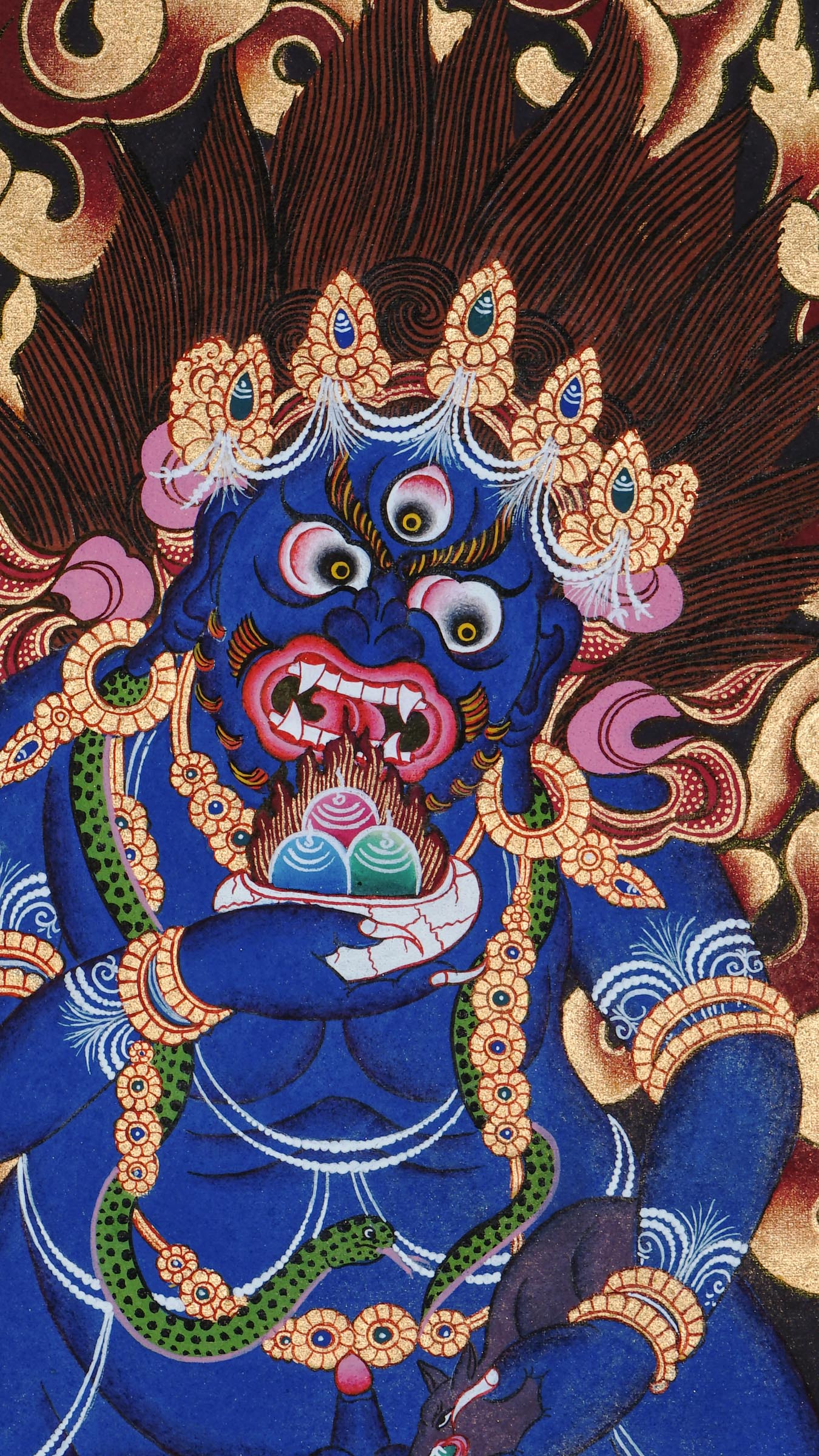 Hand-painted Black Zambala Thangka from Nepal with 24k gold, showing the wrathful wealth deity standing on a lotus with a jewel-spouting mongoose.
