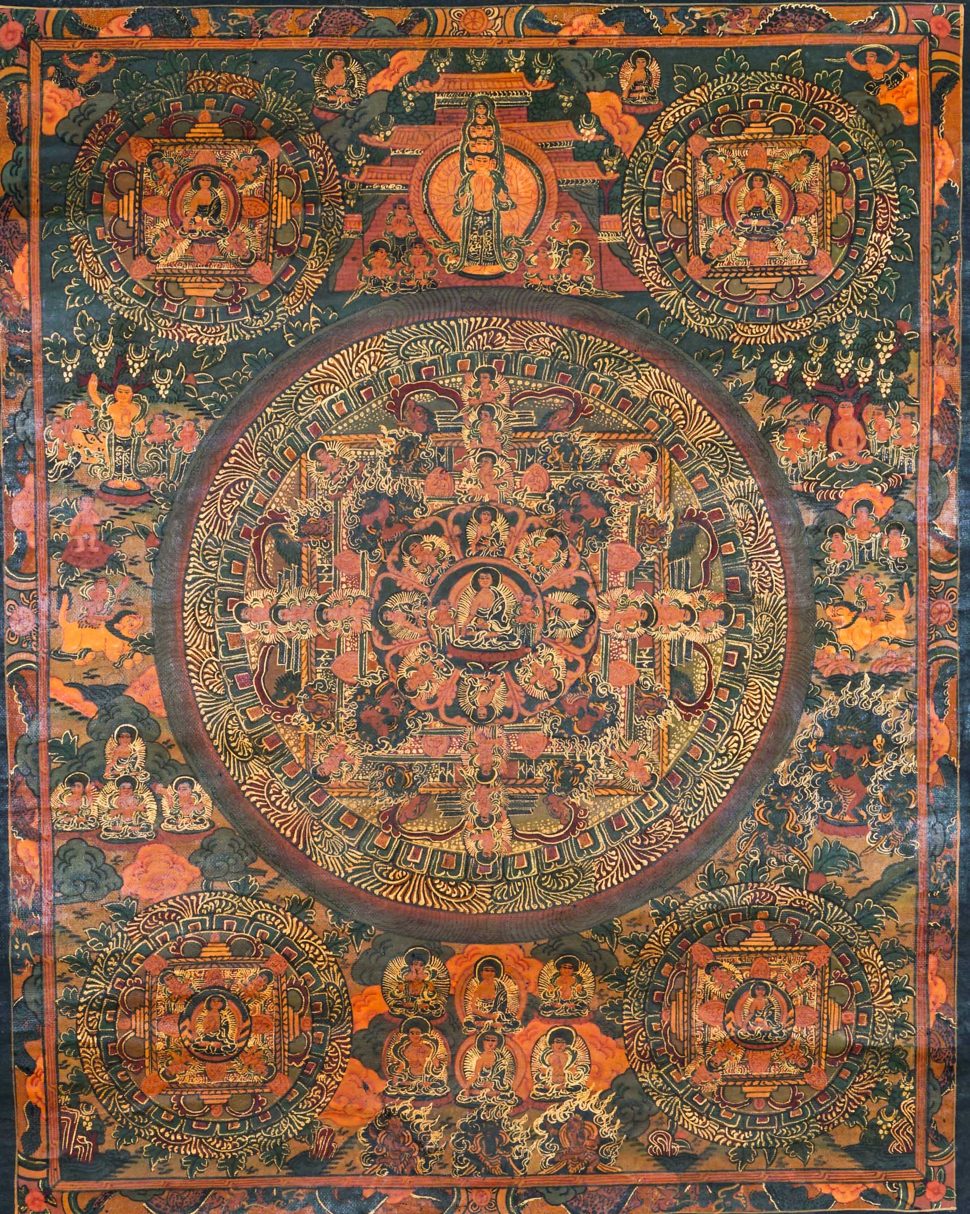 Buddha Mandala Thangka - a sacred hand-painted artwork representing the Buddha and Bodhisattvas in geometrical pattern
