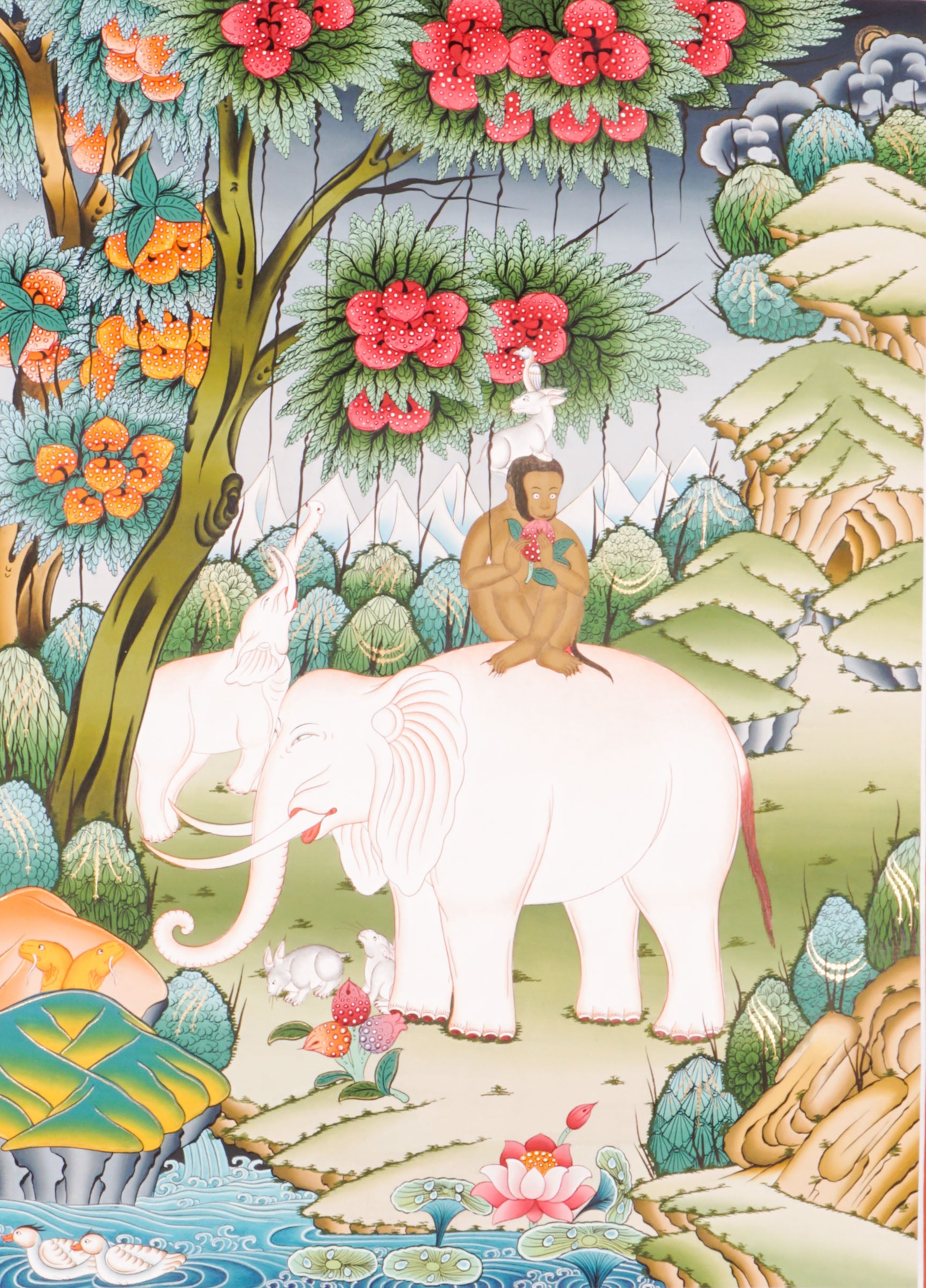 The Four Harmonious Friends Thangka is a traditional hand-painted Tibetan Buddhist art piece featuring the elephant, monkey, hare, and bird, symbolizing unity, cooperation, and spiritual decor created with natural pigments. 