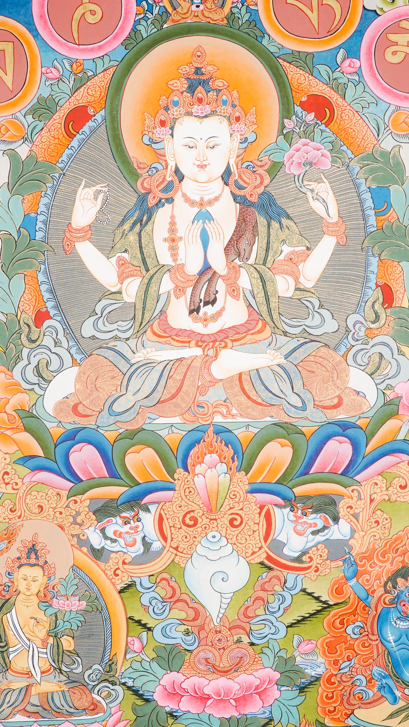 Hand-painted Chengresi Thangka showing the Bodhisattva of Compassion with a sacred mantra circle, crafted with 24k gold and natural pigments.