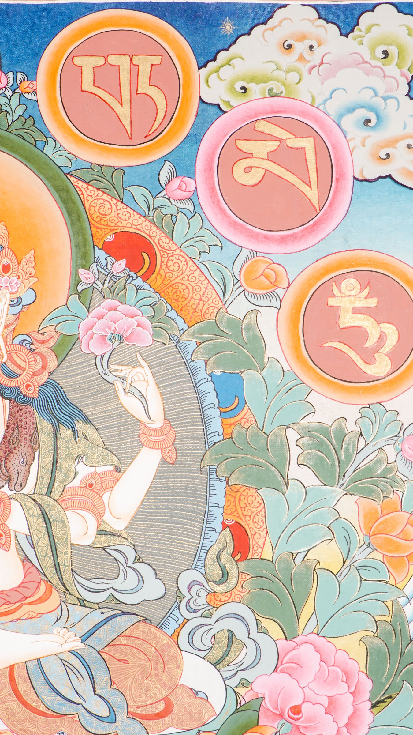 Hand-painted Chengresi Thangka showing the Bodhisattva of Compassion with a sacred mantra circle, crafted with 24k gold and natural pigments.