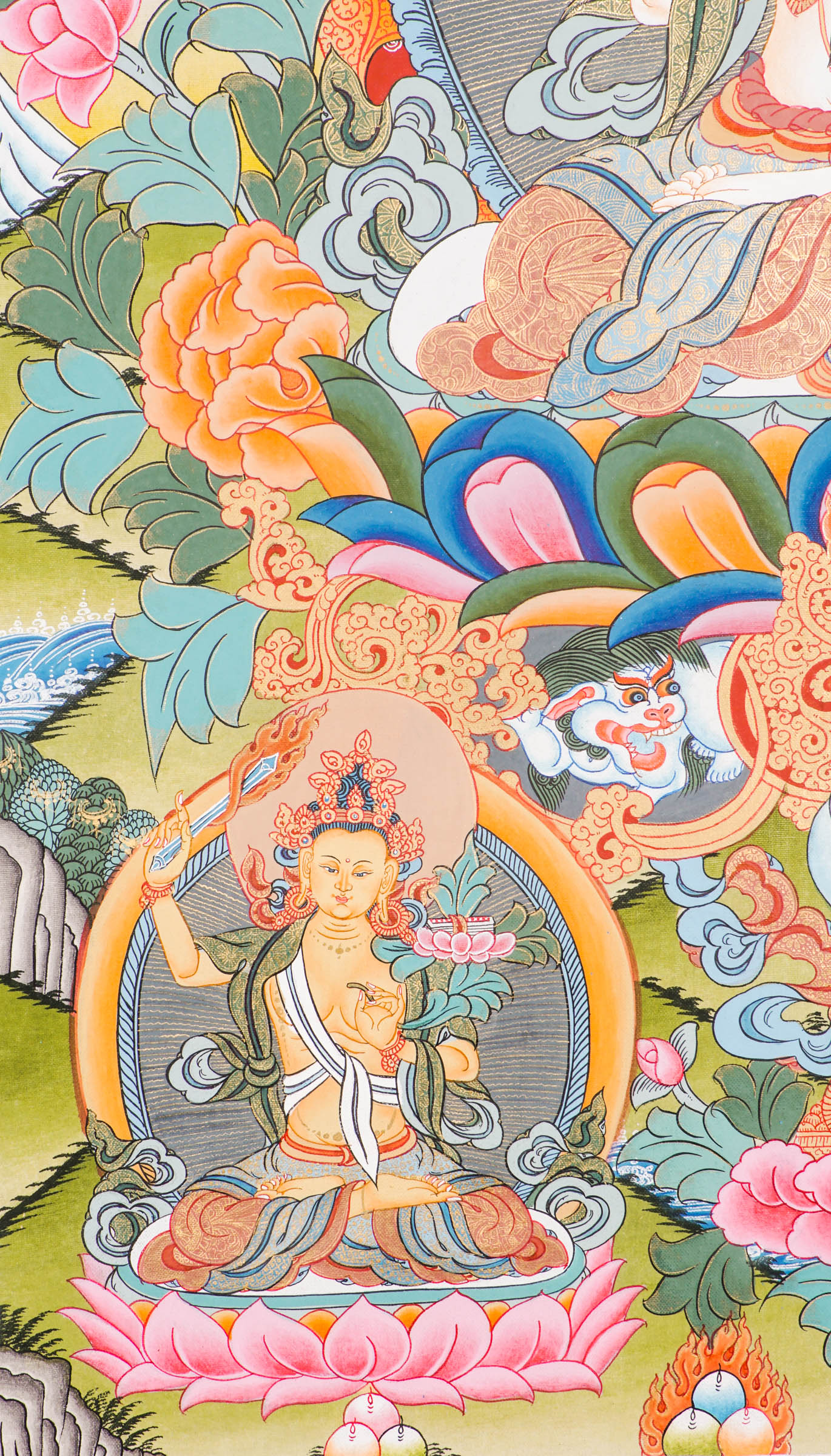 Hand-painted Chengresi Thangka showing the Bodhisattva of Compassion with a sacred mantra circle, crafted with 24k gold and natural pigments.