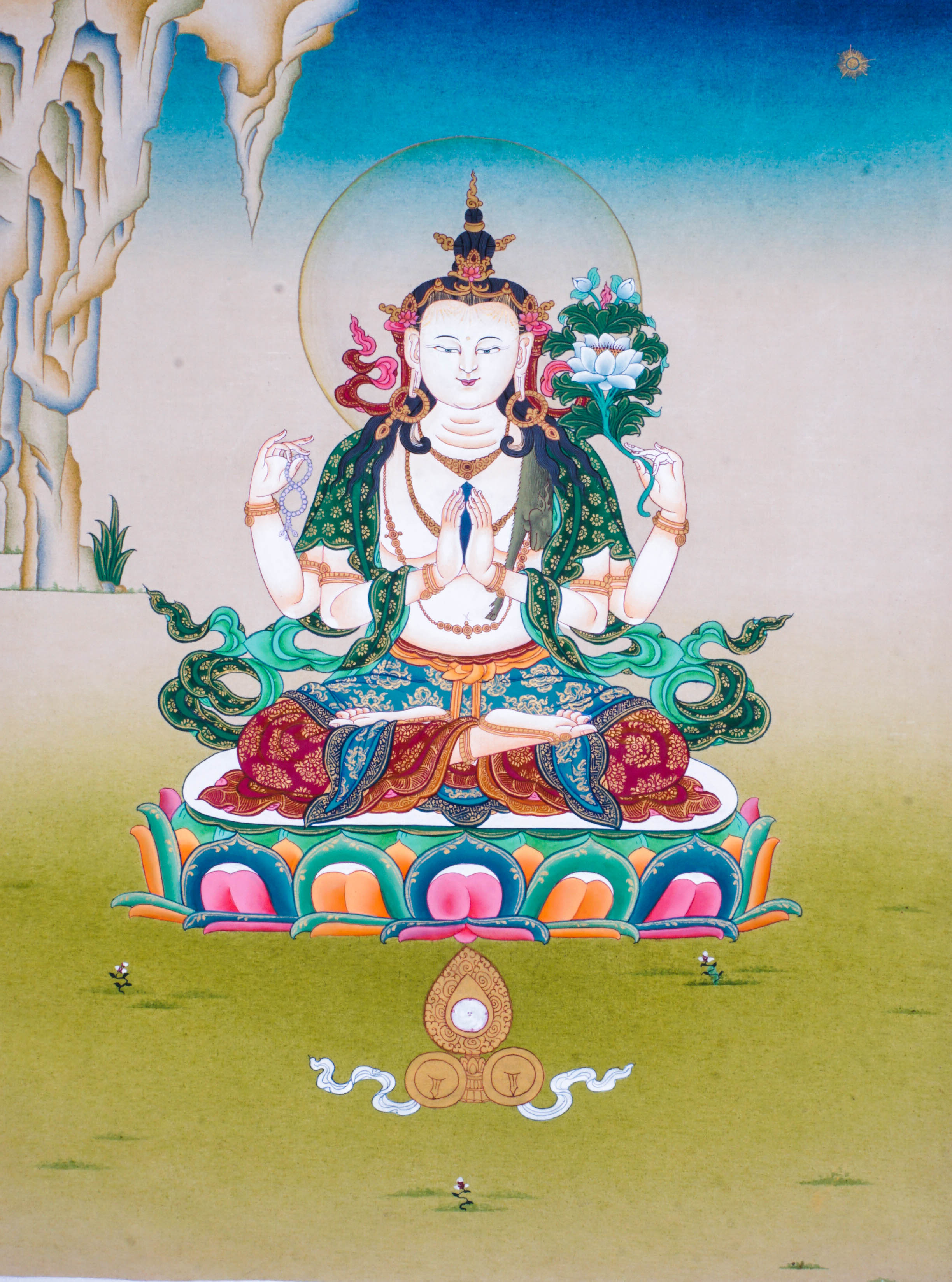 Chenrezig Thangka is a Tibetan Buddhist painting of Avalokiteshvara, symbolizing compassion and mercy. Perfect for meditation, it promotes peace, mindfulness, and spiritual healing.
