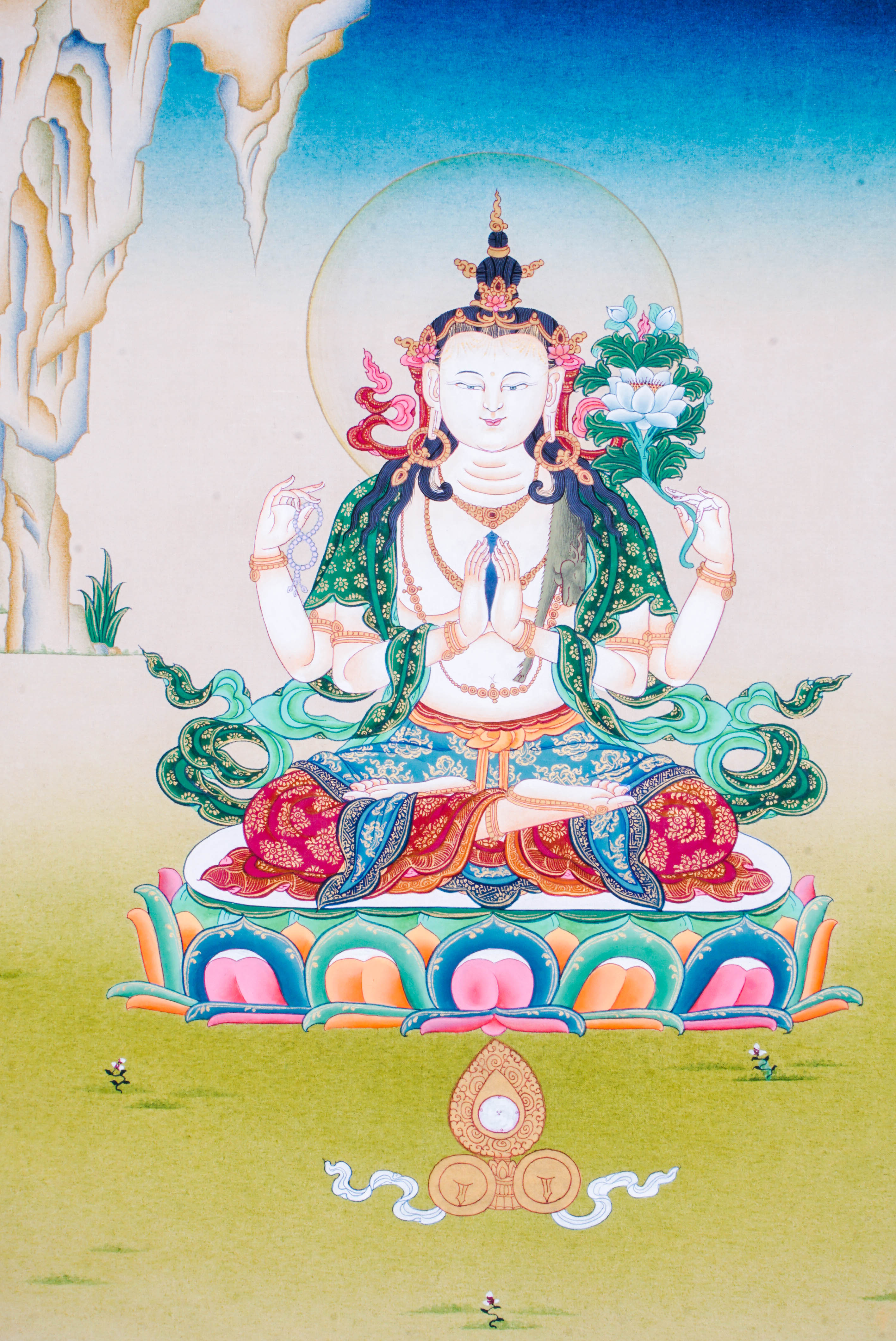 Chenrezig Thangka is a Tibetan Buddhist painting of Avalokiteshvara, symbolizing compassion and mercy. Perfect for meditation, it promotes peace, mindfulness, and spiritual healing.