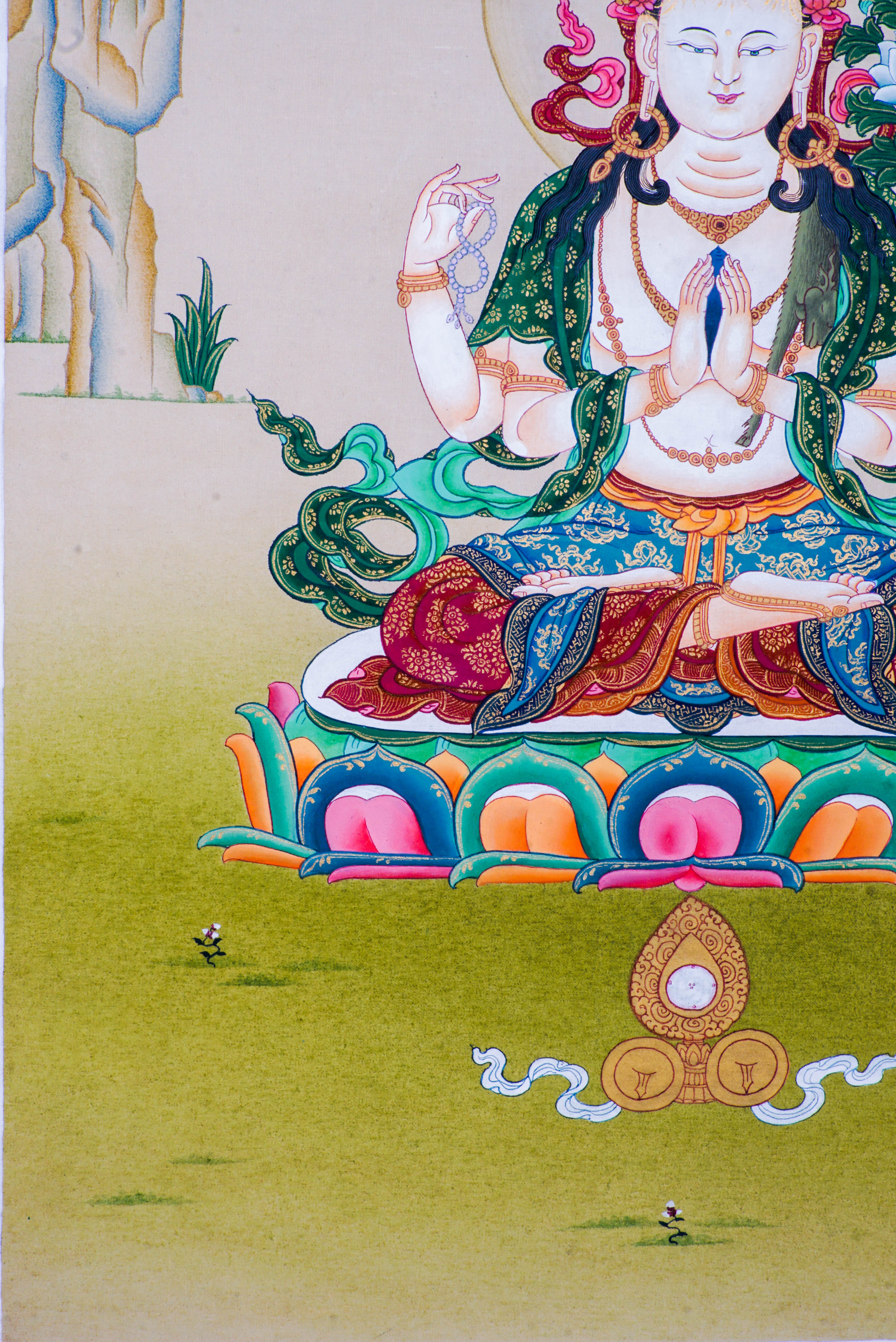 Chenrezig Thangka is a Tibetan Buddhist painting of Avalokiteshvara, symbolizing compassion and mercy. Perfect for meditation, it promotes peace, mindfulness, and spiritual healing.