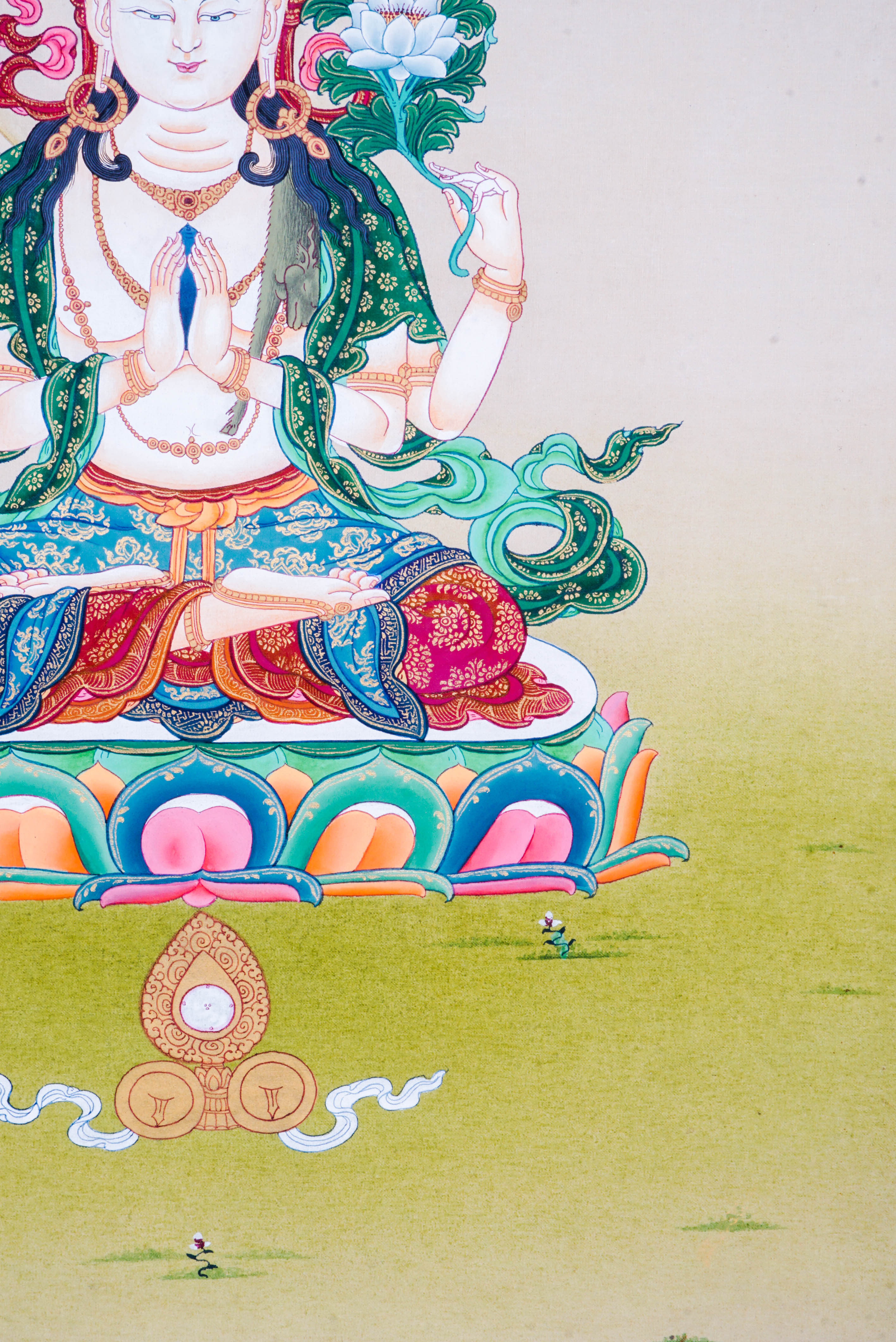 Chenrezig Thangka is a Tibetan Buddhist painting of Avalokiteshvara, symbolizing compassion and mercy. Perfect for meditation, it promotes peace, mindfulness, and spiritual healing. 
