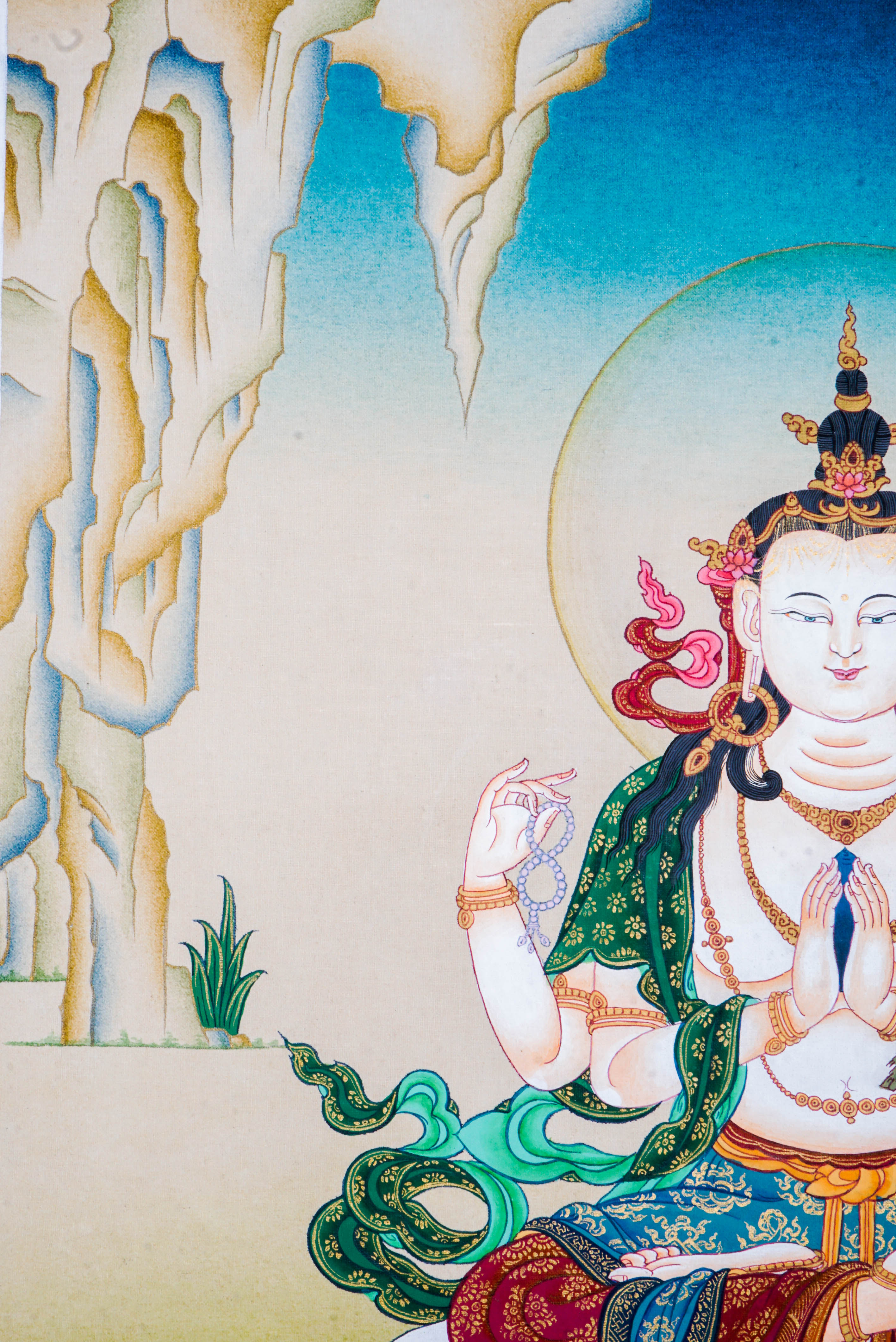 Chenrezig Thangka is a Tibetan Buddhist painting of Avalokiteshvara, symbolizing compassion and mercy. Perfect for meditation, it promotes peace, mindfulness, and spiritual healing.