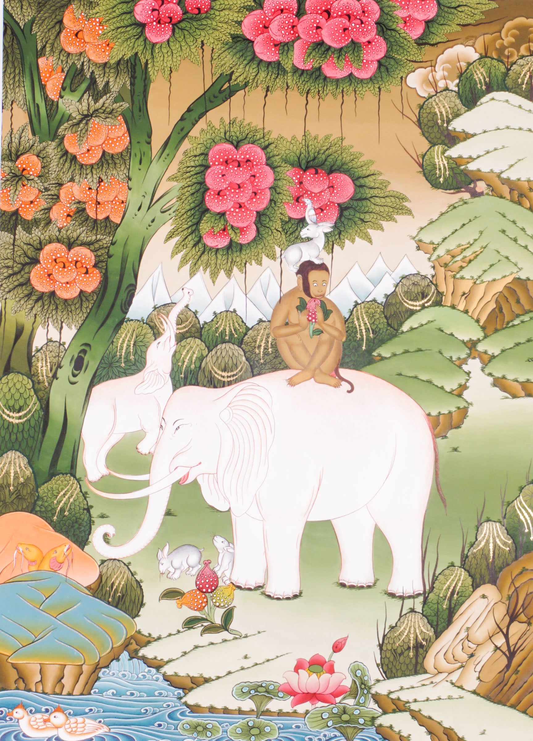 The Four Harmonious Friends Thangka is a traditional hand-painted Tibetan Buddhist art piece featuring the elephant, monkey, hare, and bird, symbolizing unity, cooperation, and spiritual decor created with natural pigments. 