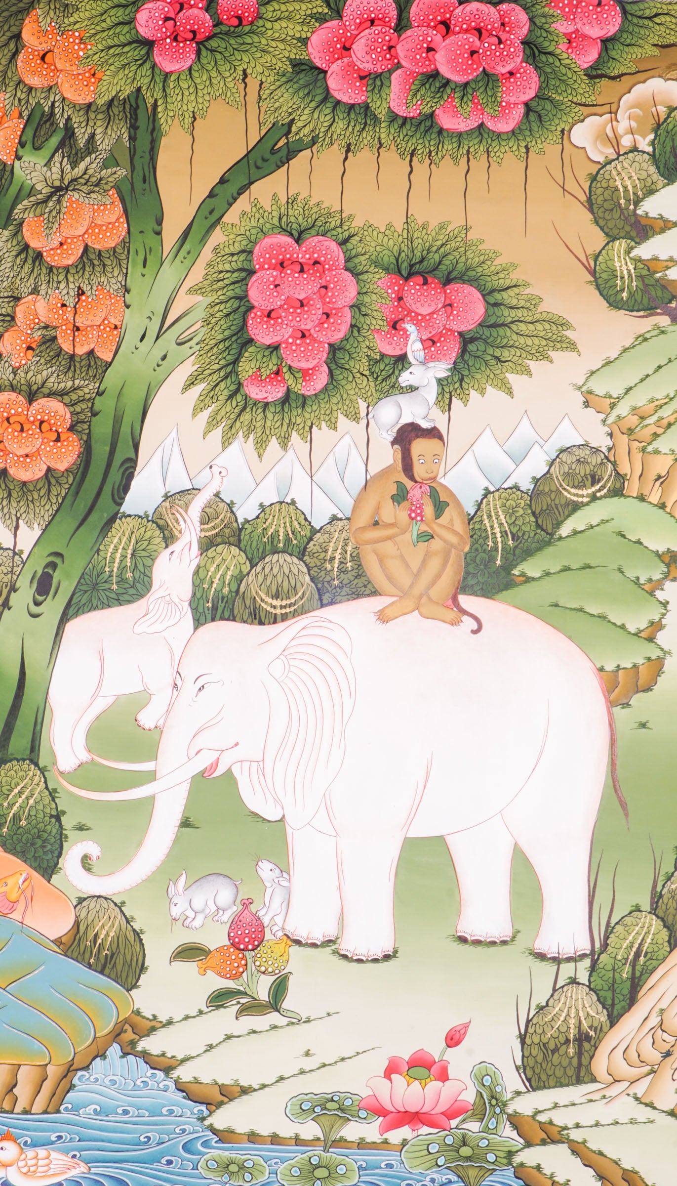 The Four Harmonious Friends Thangka is a traditional hand-painted Tibetan Buddhist art piece featuring the elephant, monkey, hare, and bird, symbolizing unity, cooperation, and spiritual decor created with natural pigments. 