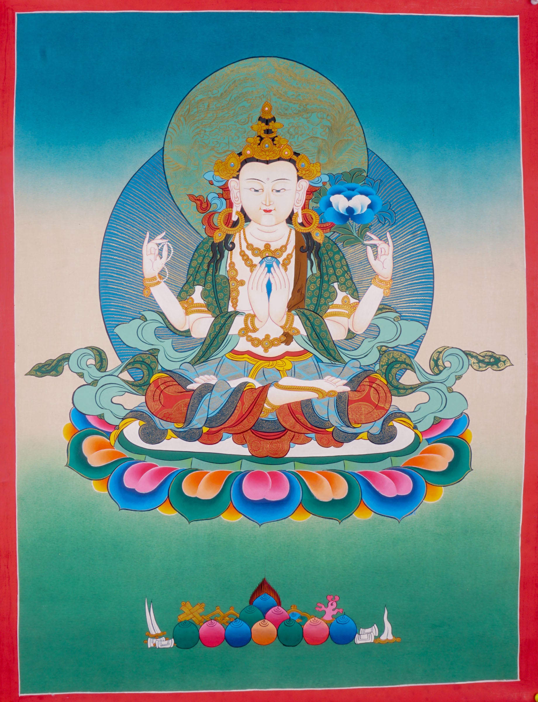 Tibetan hand crafted Thangka paint of Chengresi, a spiritual art for religious practices.