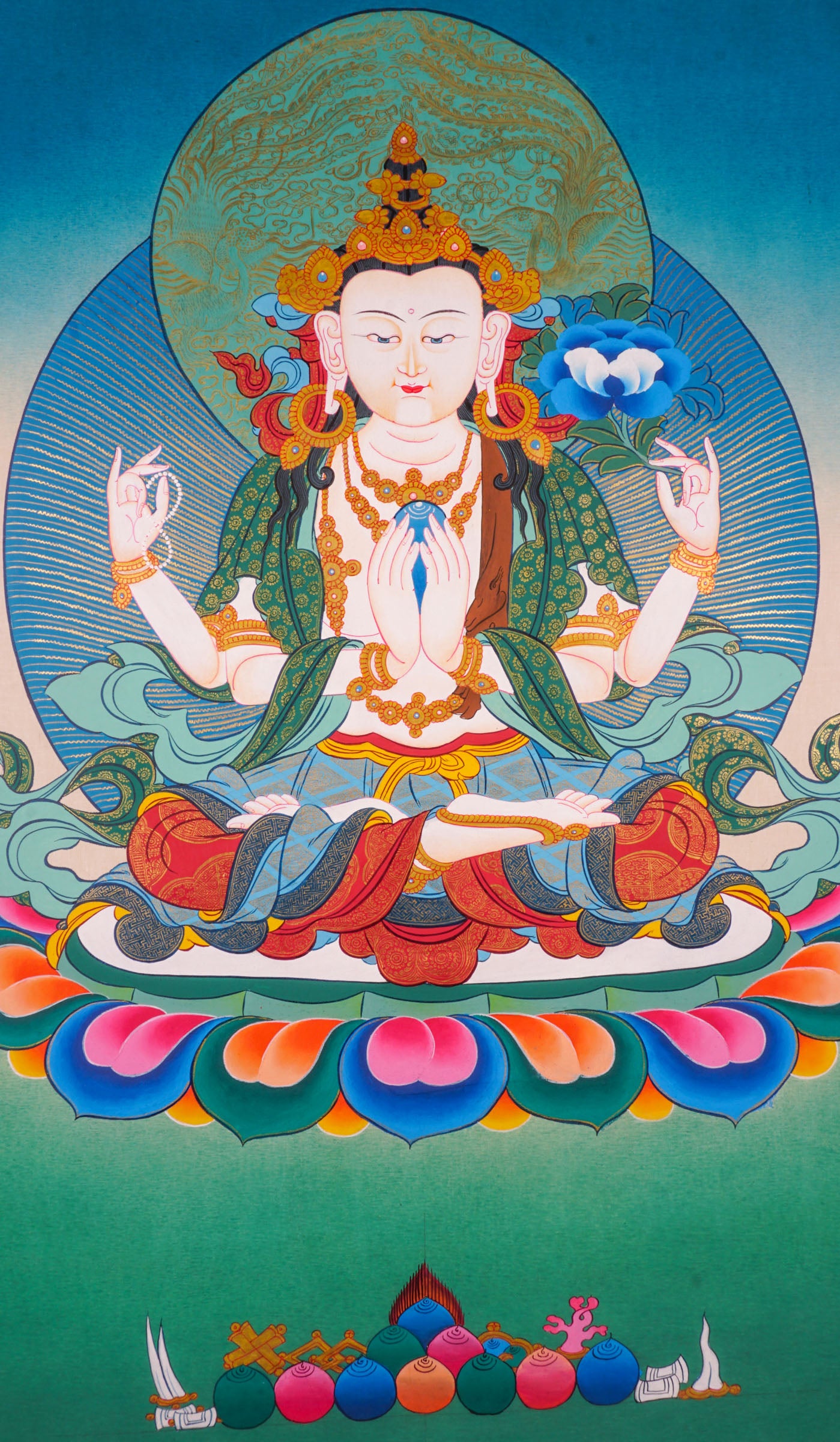 Tibetan hand crafted Thangka paint of Chengresi, a spiritual art for religious practices.