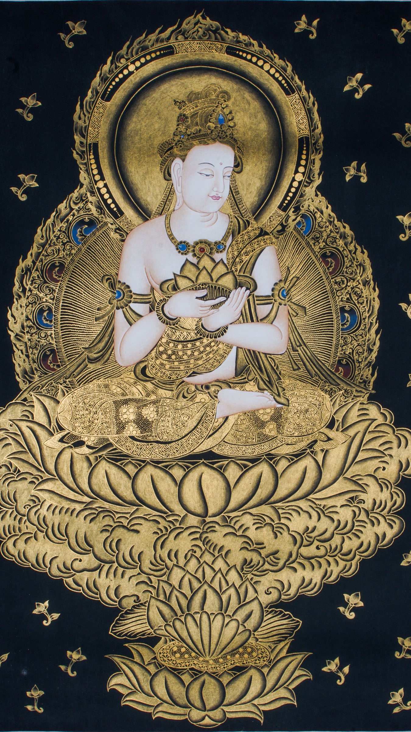 Beautiful hand-painted sacred art of Japanese Buddha Thangka representing Fugen Bosatsu which serves deep essence in Japanese buddhism.