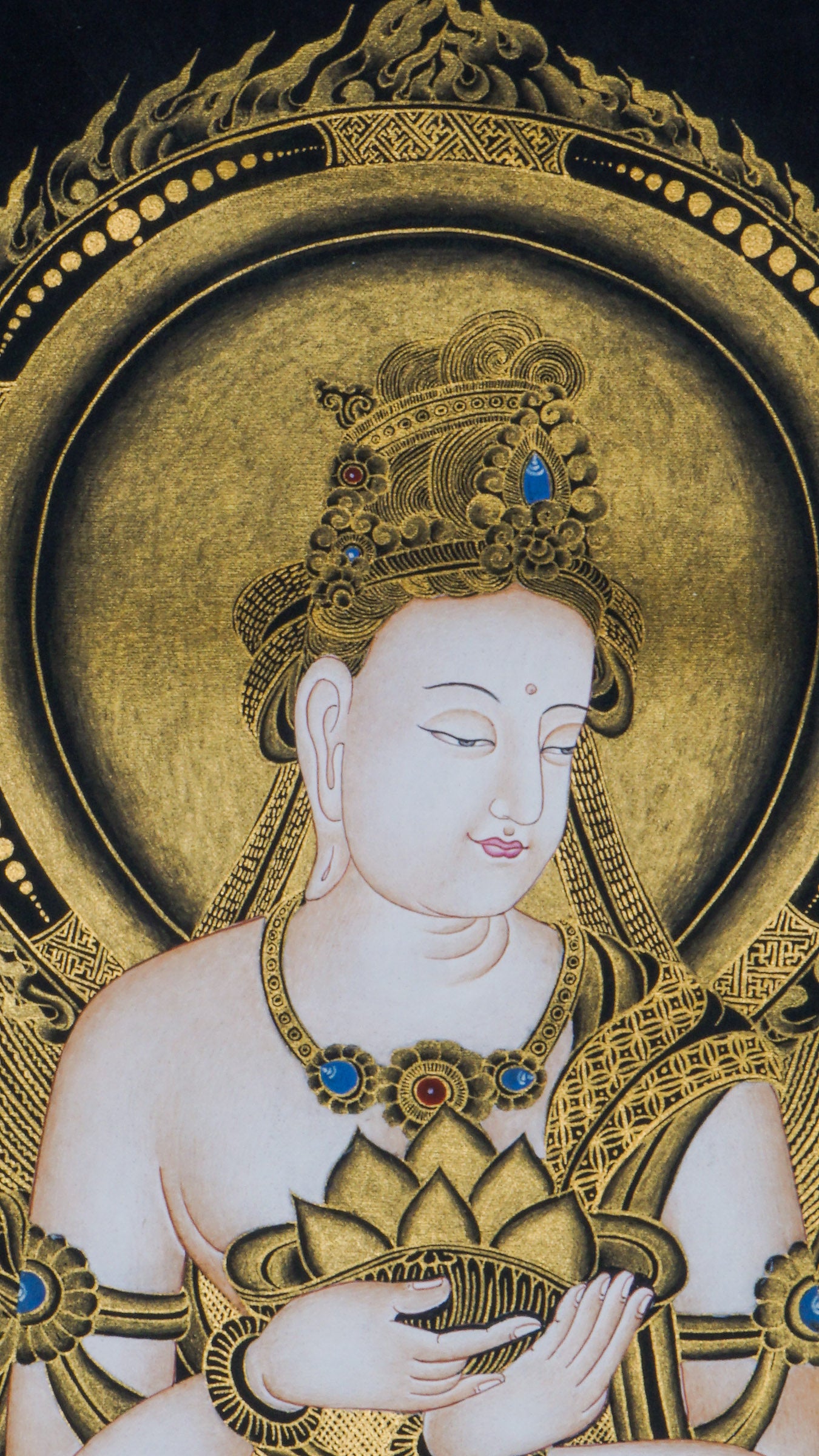 Beautiful hand-painted sacred art of Japanese Buddha Thangka representing Fugen Bosatsu which serves deep essence in Japanese buddhism.
