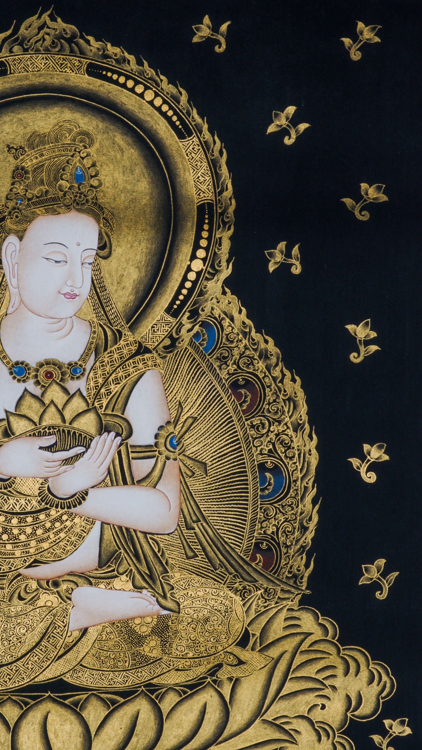 Beautiful hand-painted sacred art of Japanese Buddha Thangka representing Fugen Bosatsu which serves deep essence in Japanese buddhism.