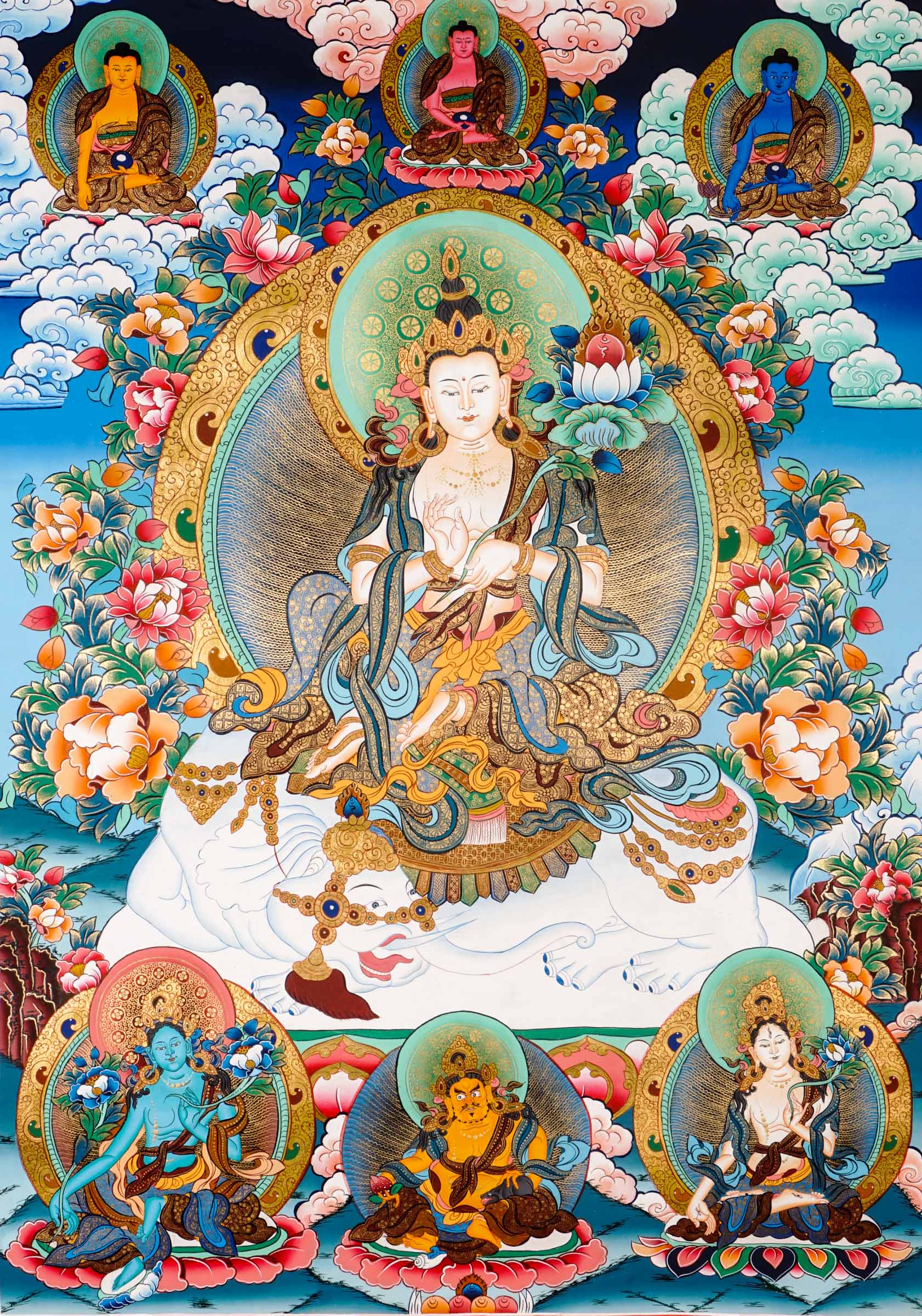 Tibetan thangka of Tara on a white elephant holding a lotus and blessing mudra, surrounded by celestial beings, clouds, and floral patterns.