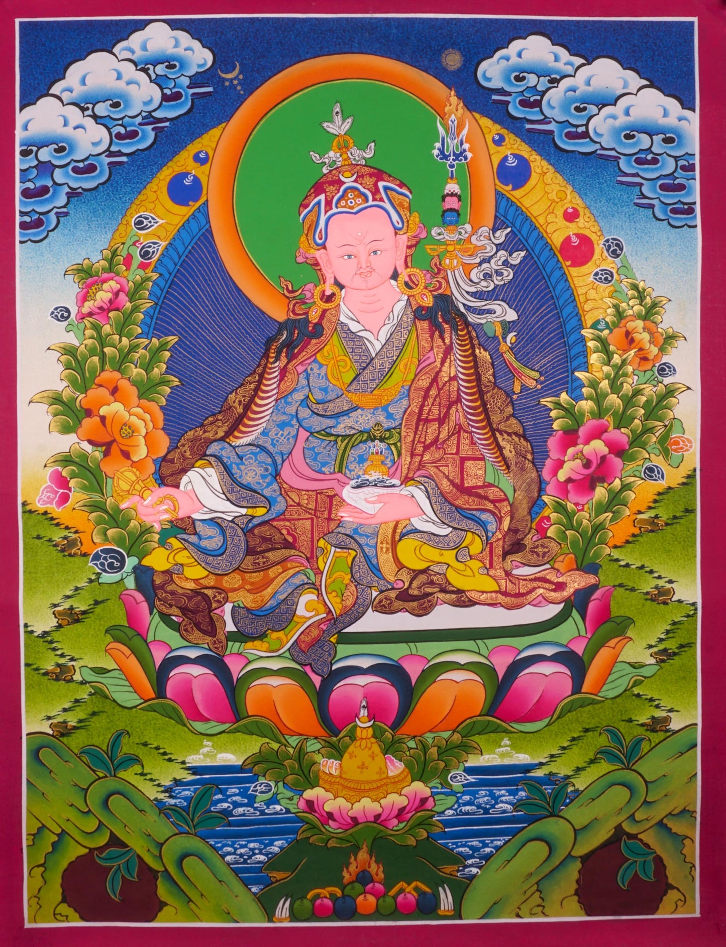 The Thangka artwork depicting Guru Rinpoche, a symbol representing Buddhist teachings and traditions.