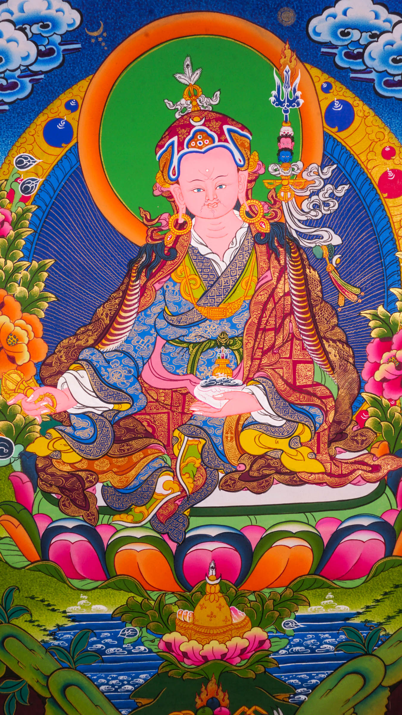 The Thangka artwork depicting Guru Rinpoche, a symbol representing Buddhist teachings and traditions.