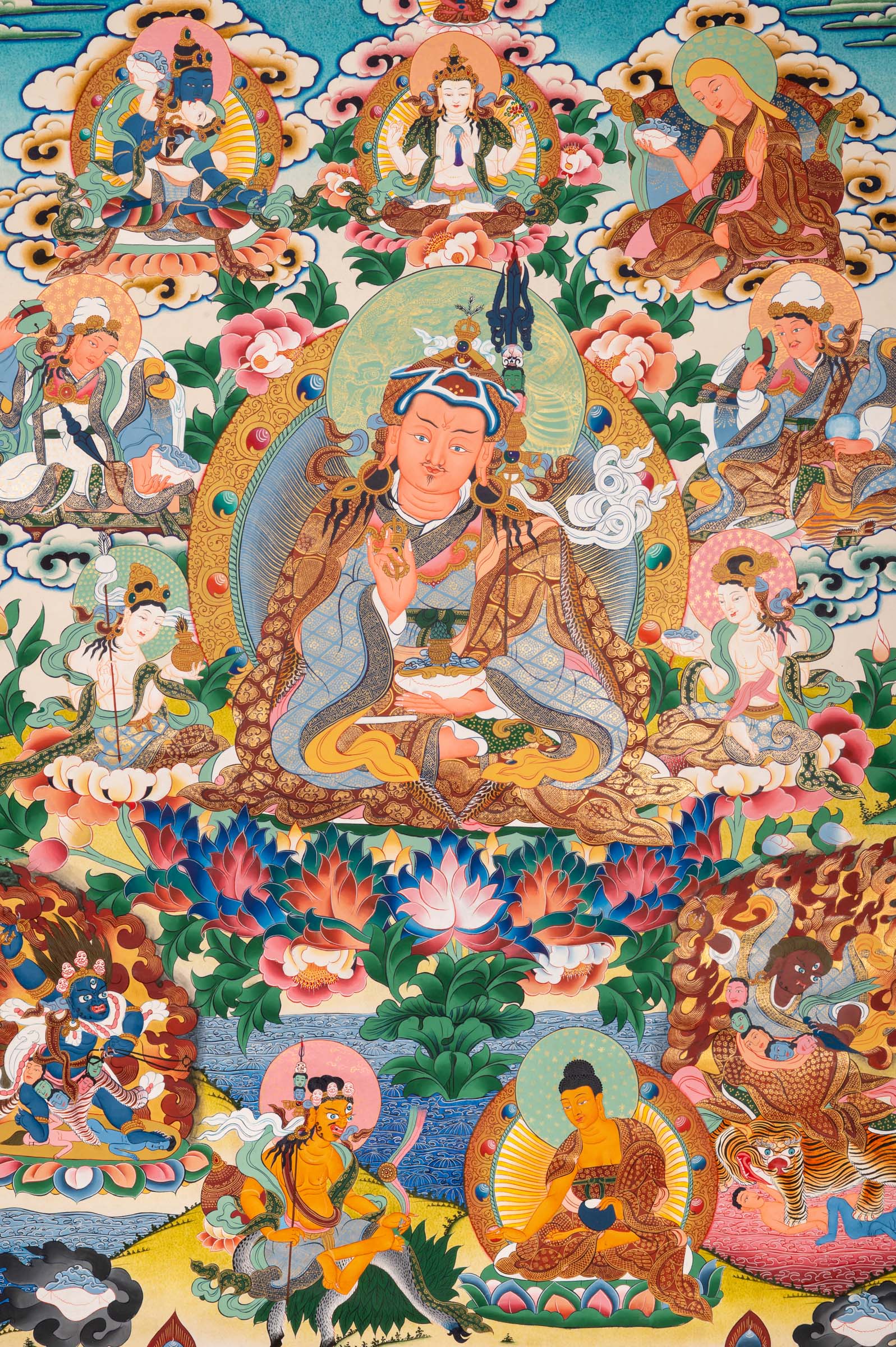 Colorful Thangka artwork with Guru Padma Shambhava. High quality Thangka Art work