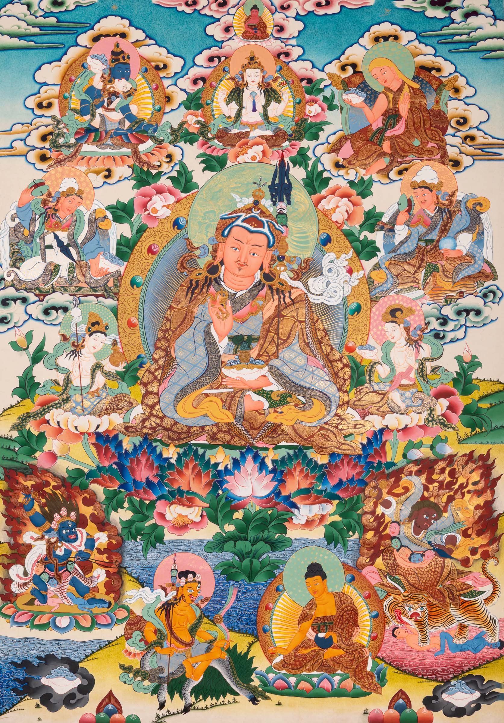Colorful Thangka artwork with Guru Padma Shambhava. High quality Thangka Art work  of e Guru Tsen Gye