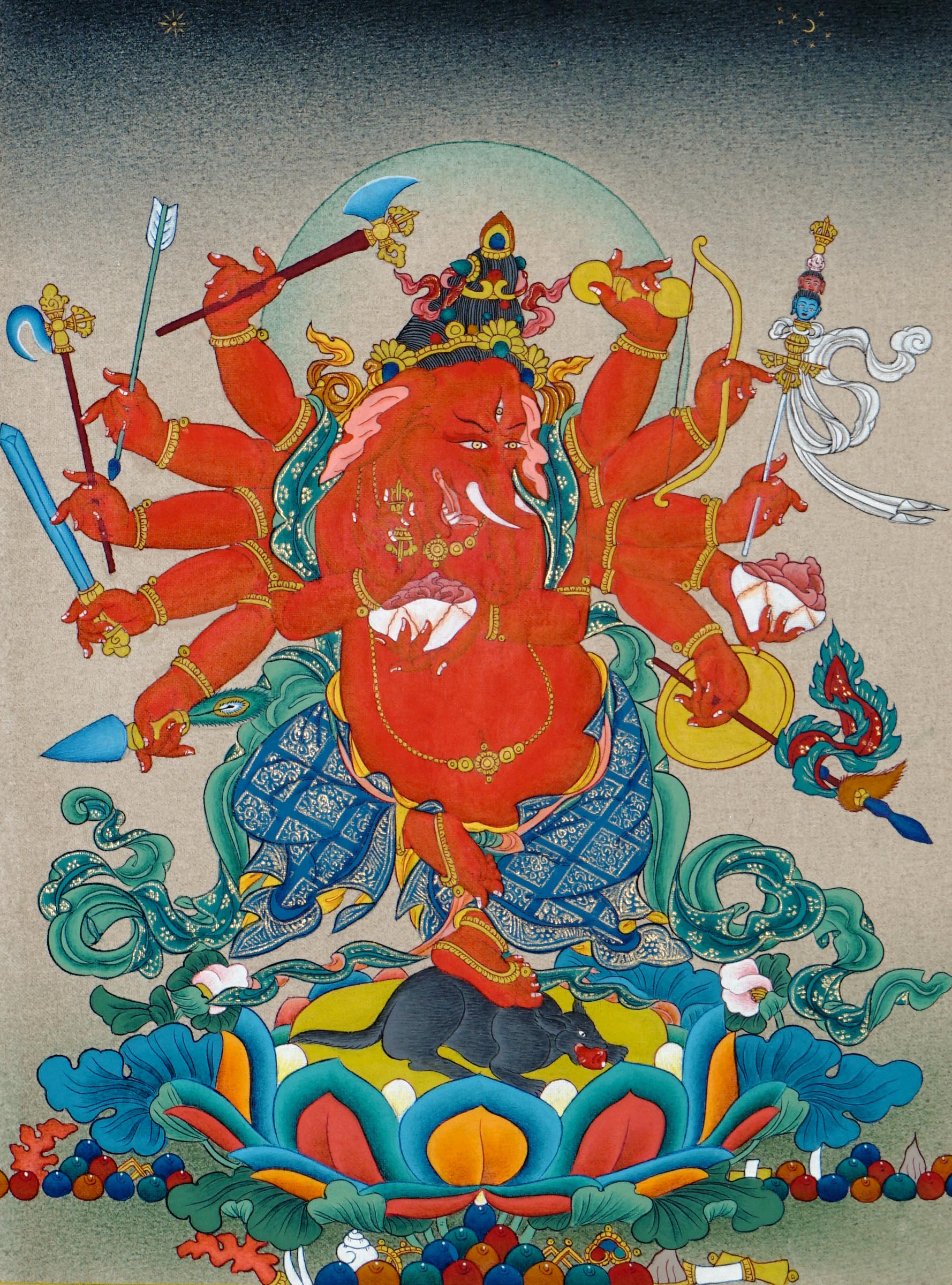 Tibetan thangka of red Ganesh seated on a lotus throne atop a mouse, showing his third eye, multiple hands holding kapala, swords, arrow, dhanush, and fire swords, surrounded by a serene landscape.