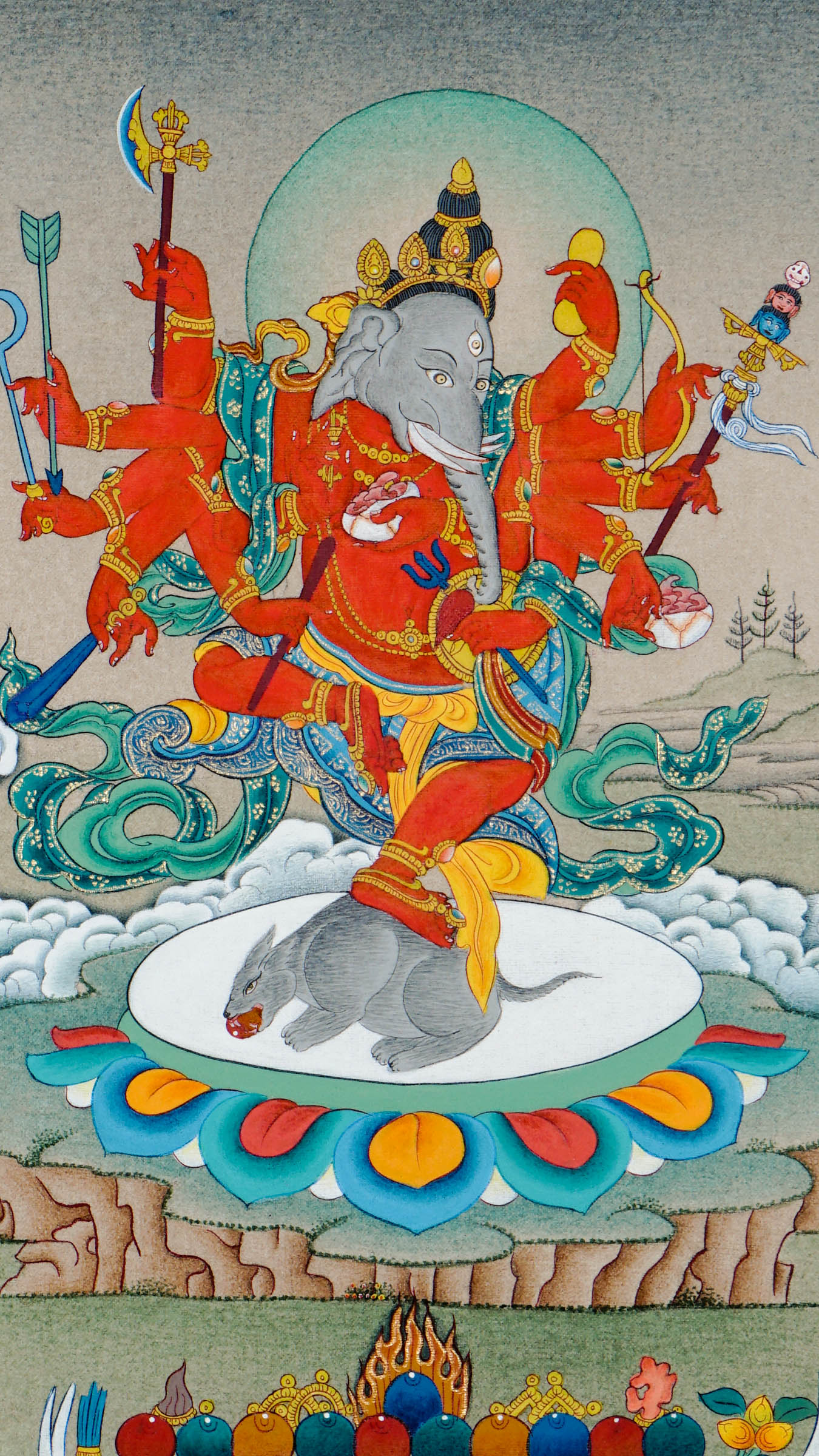 Tibetan thangka of red Ganesh with gray elephant face, multiple arms holding kapala, khadga, arrow, dhanush, fire sword, and vajra staff, standing on a mouse over a lotus throne with ritual offerings below.