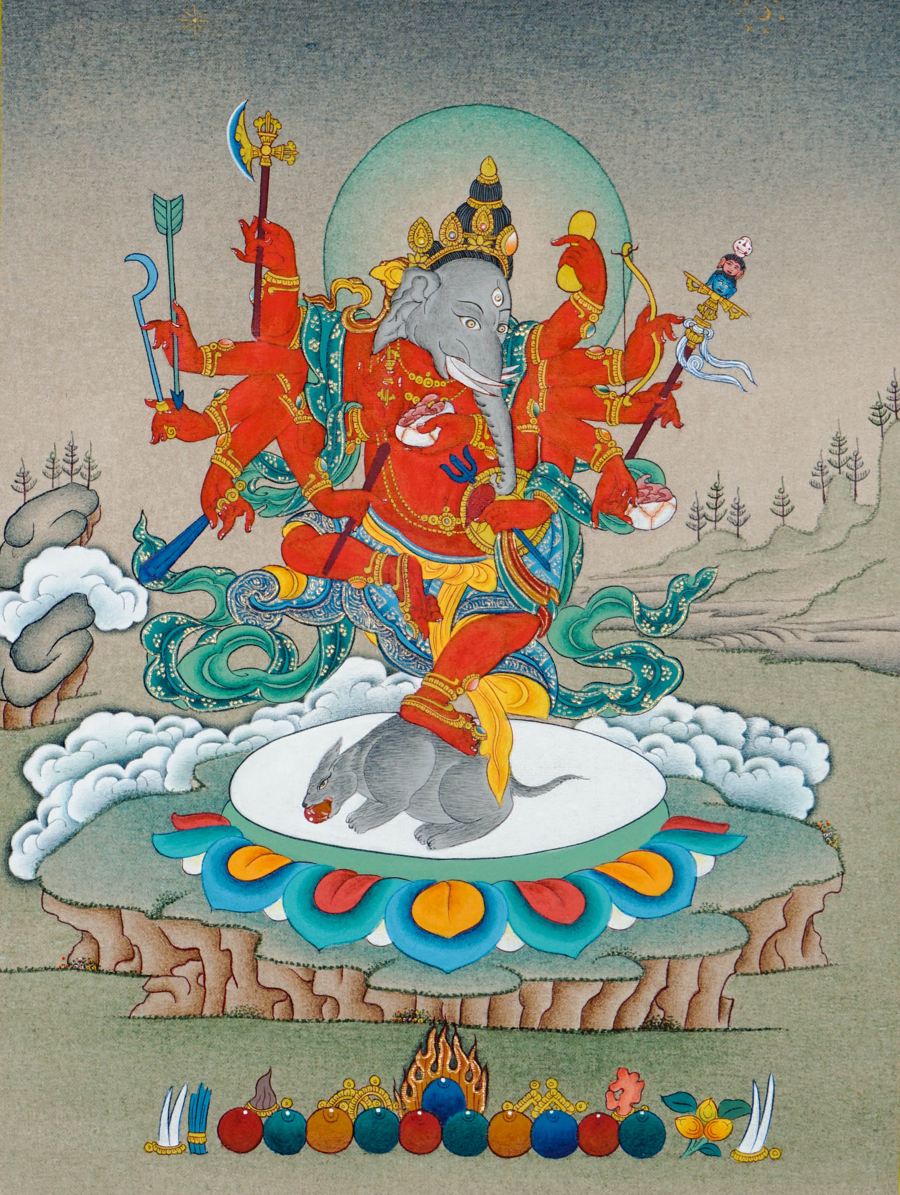 Tibetan thangka of red Ganesh with gray elephant face, multiple arms holding kapala, khadga, arrow, dhanush, fire sword, and vajra staff, standing on a mouse over a lotus throne with ritual offerings below