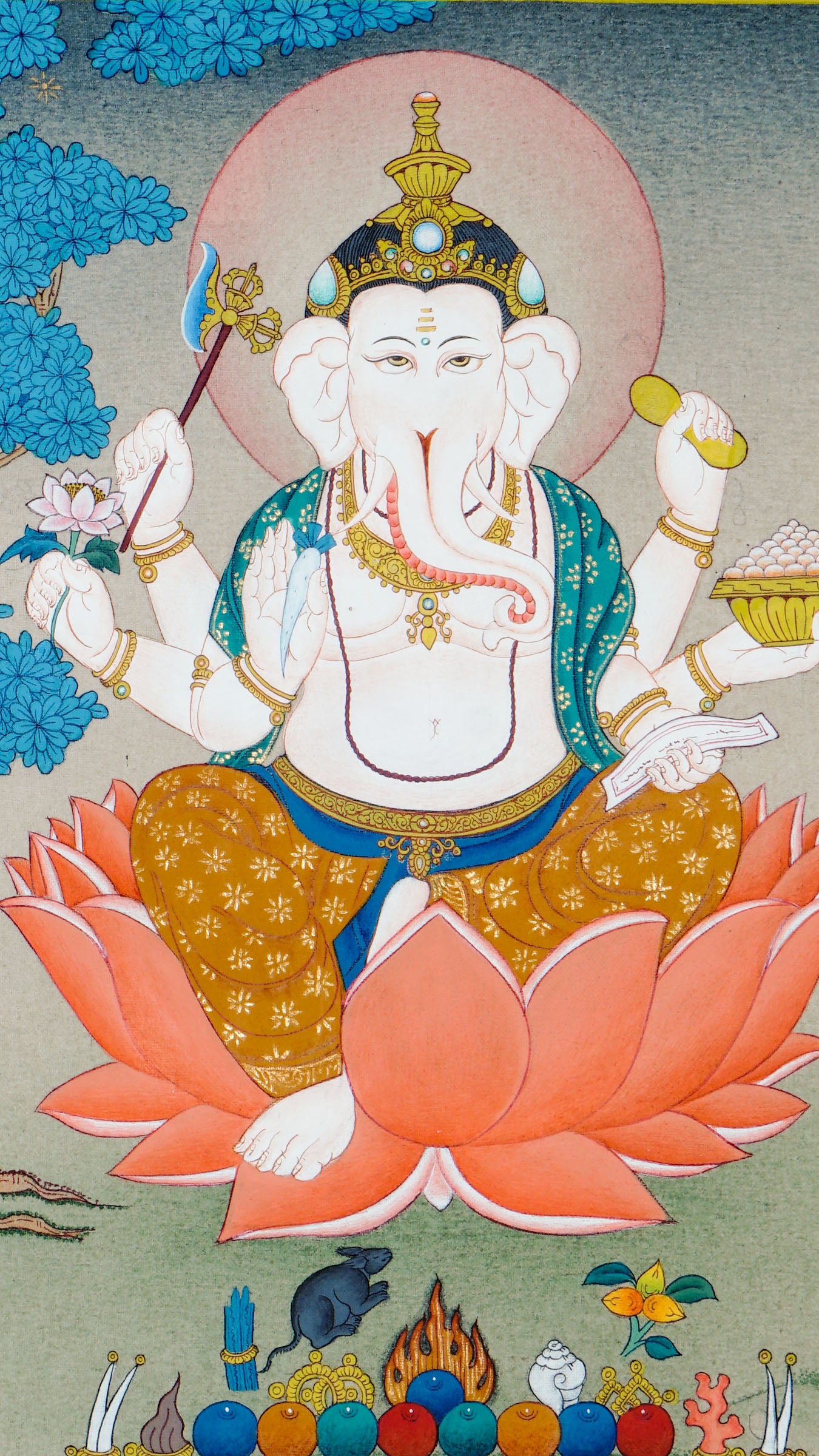 Tibetan thangka of six-handed Ganesh seated on a lotus with a rat below, holding ritual items like lotus and weapons in each hand, with a tree and serene background behind him.