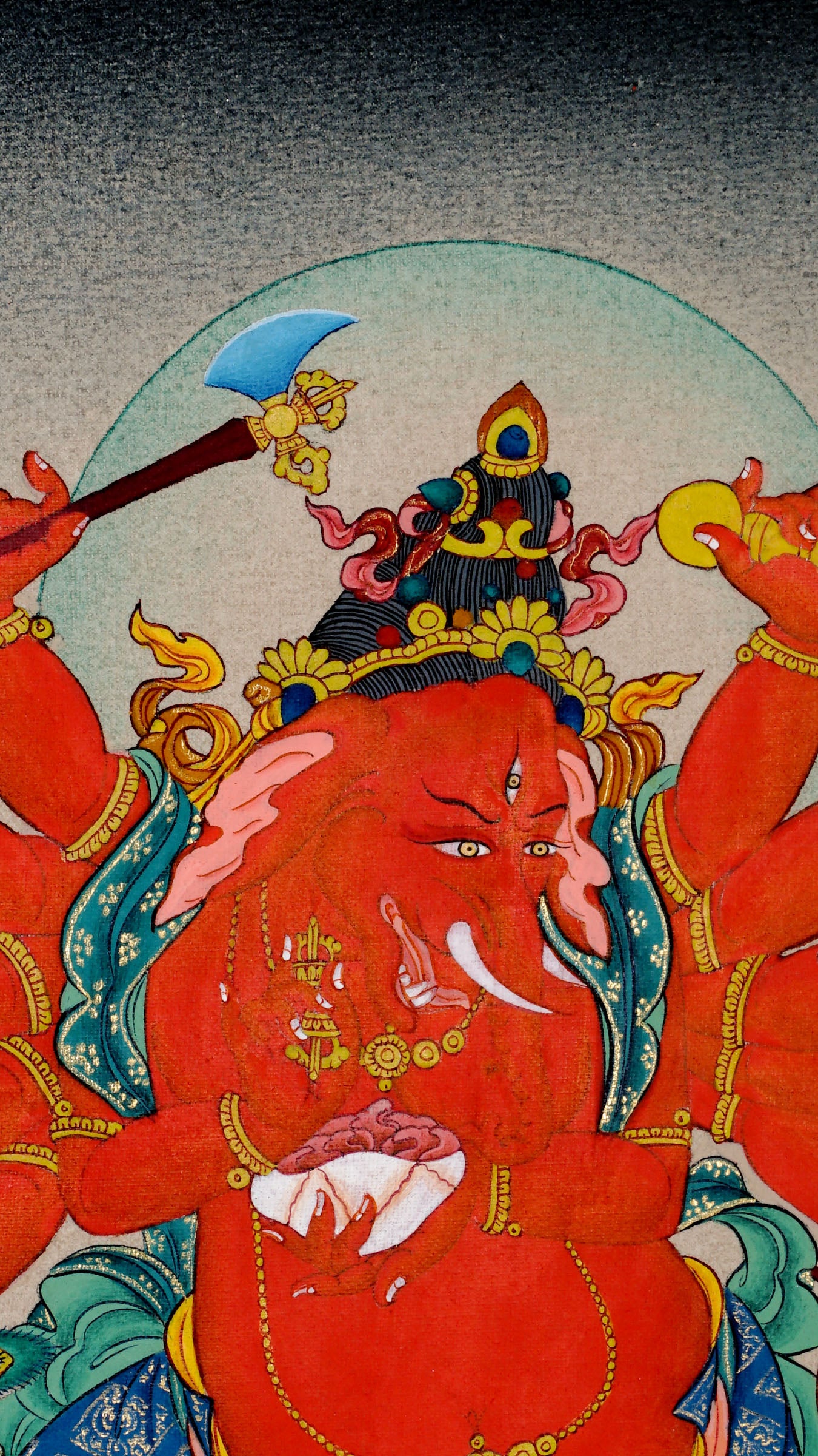 Tibetan thangka of red Ganesh seated on a lotus throne atop a mouse, showing his third eye, multiple hands holding kapala, swords, arrow, dhanush, and fire swords, surrounded by a serene landscape.