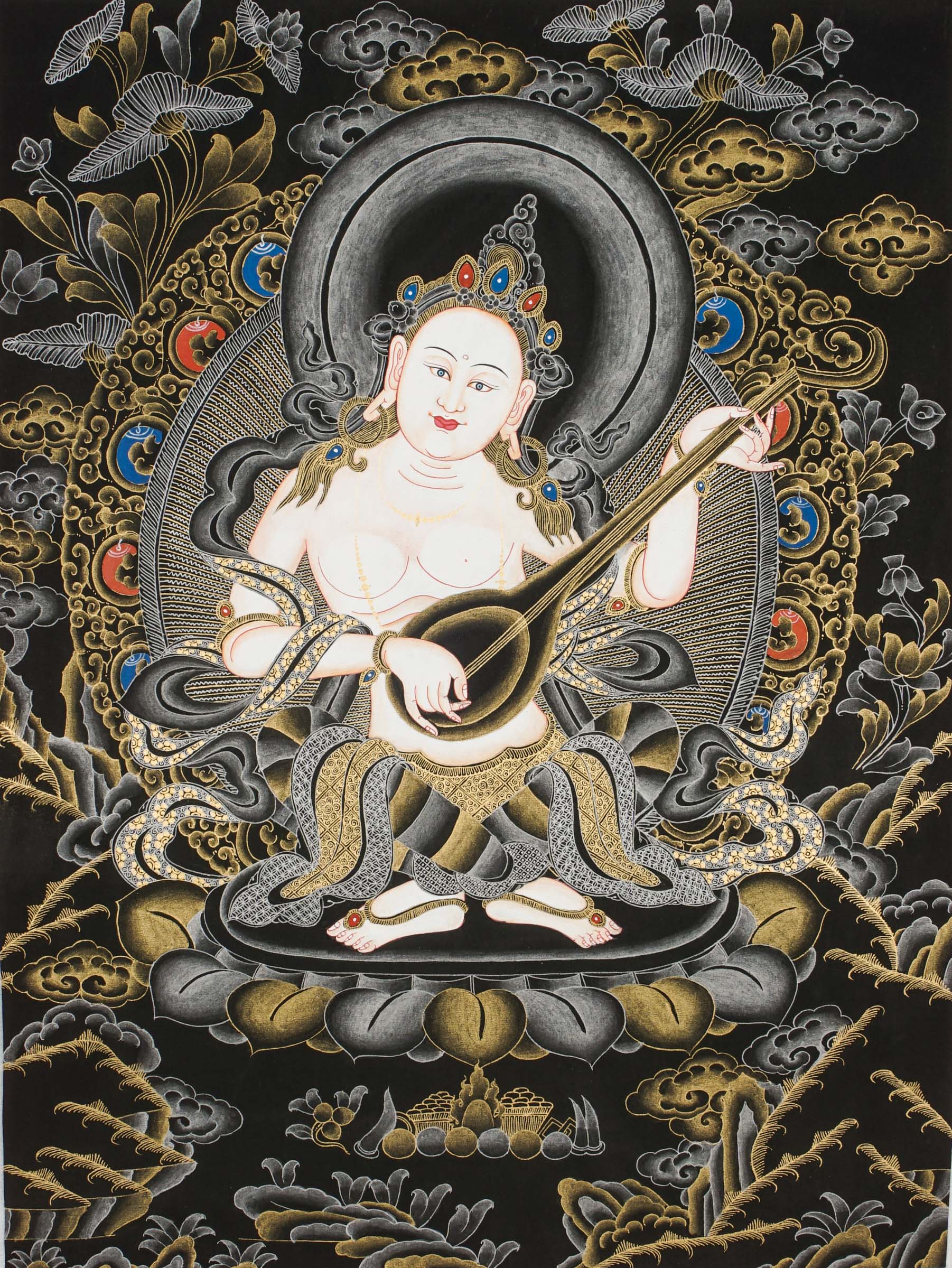 A beautiful hand-painted art of  the honored Hindu goddess of wisdom, knowledge, speech, music, and the arts. 