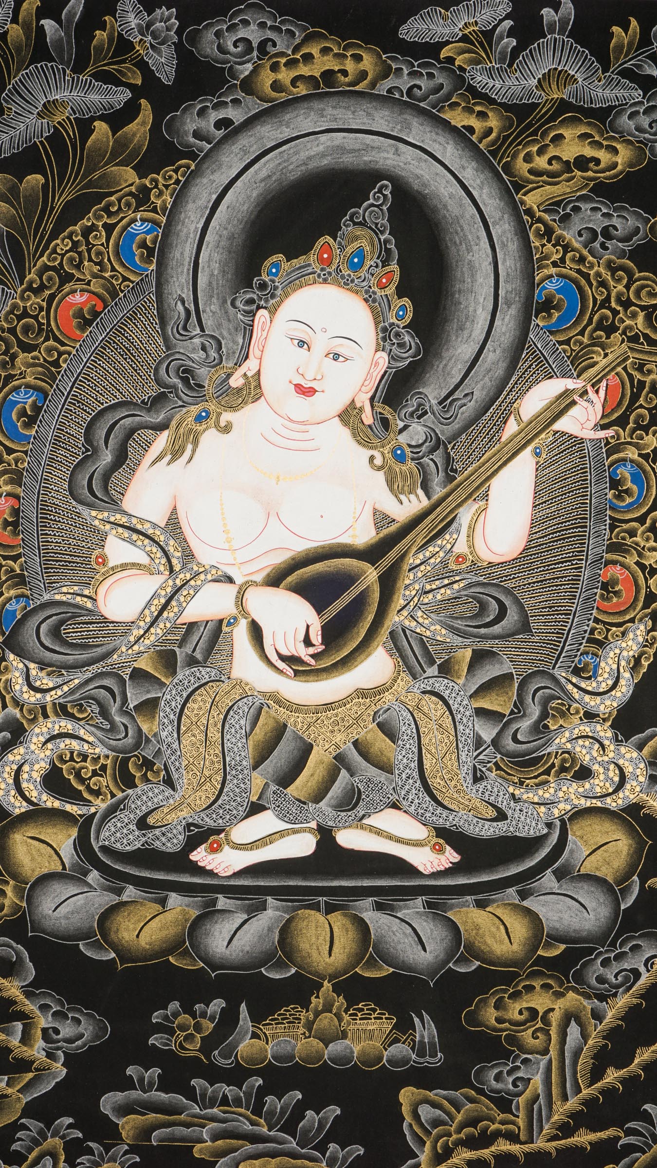 A beautiful hand-painted art of  the honored Hindu goddess of wisdom, knowledge, speech, music, and the arts. 